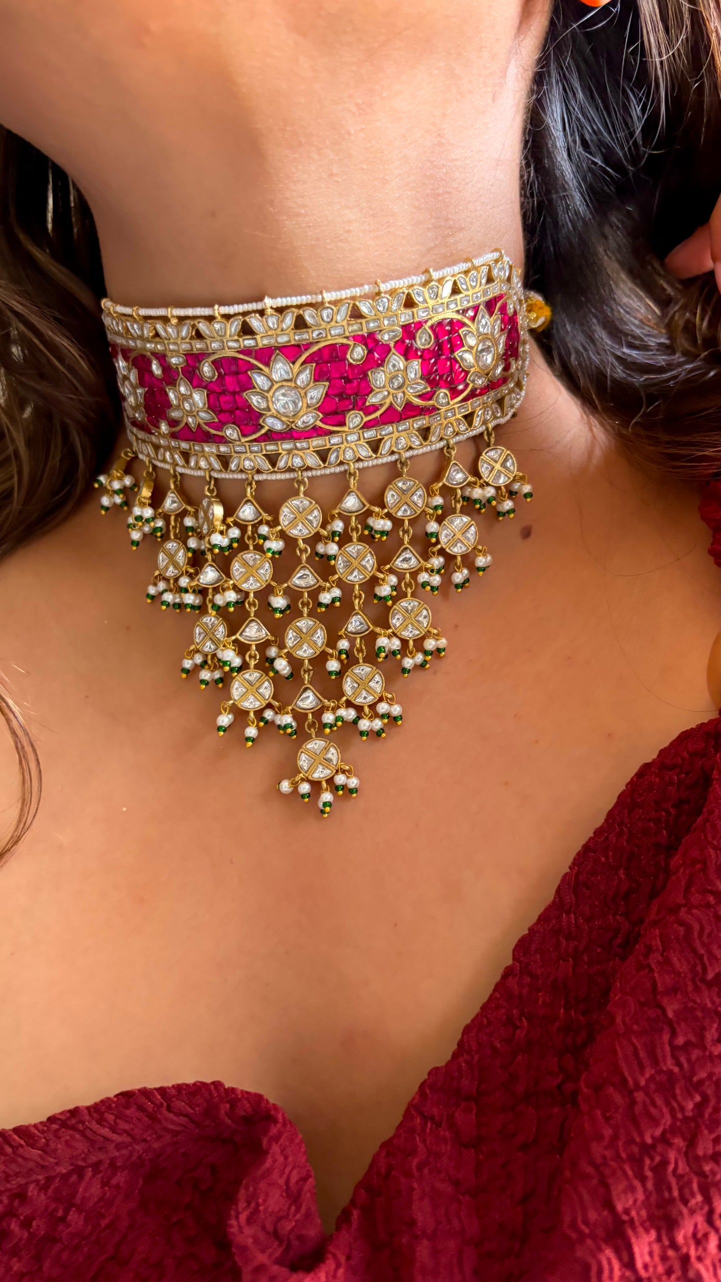 Rani pink nakshi paachi kundan polki aad