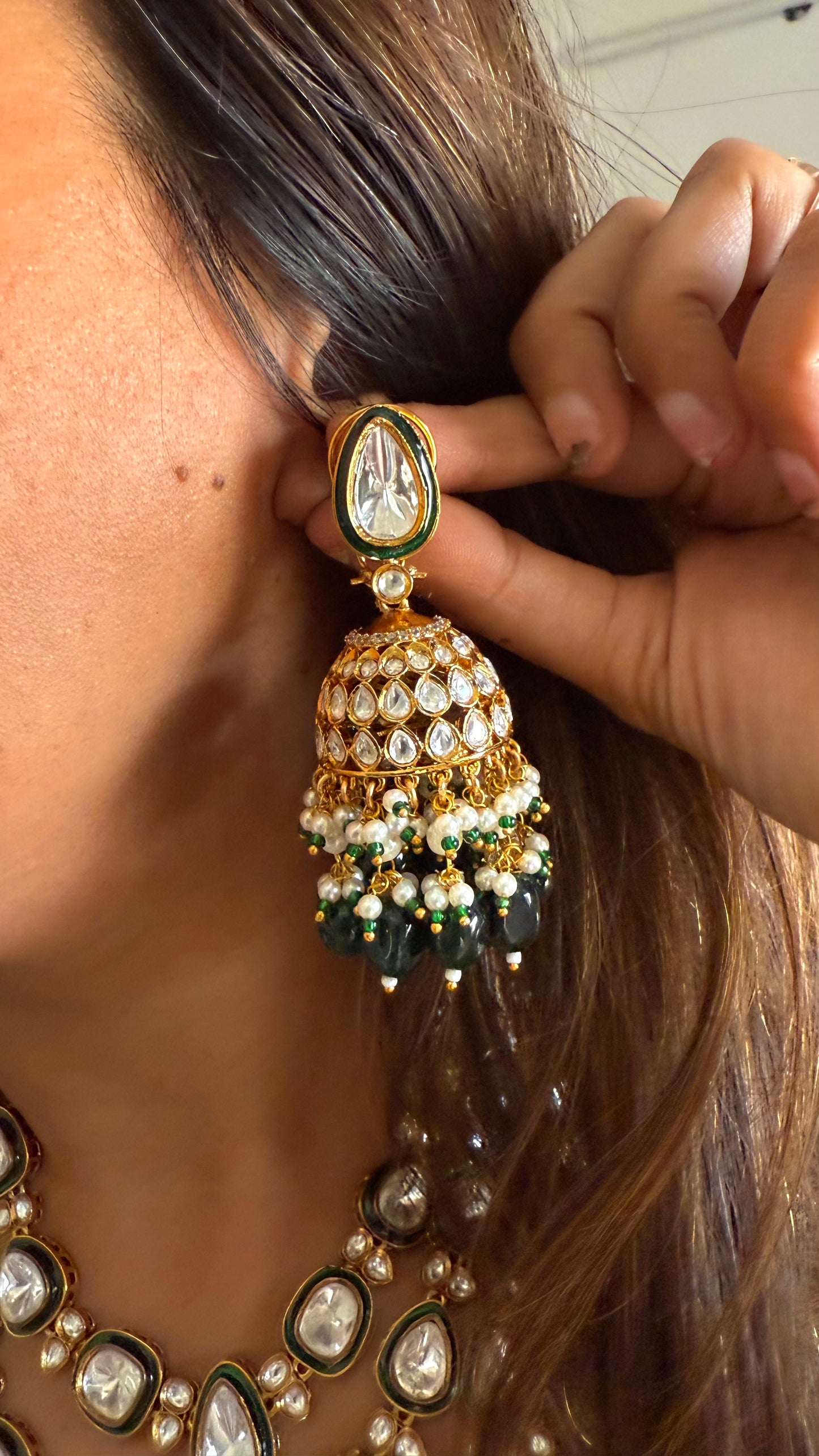 Ankita emerald meenakari polki three layer necklace