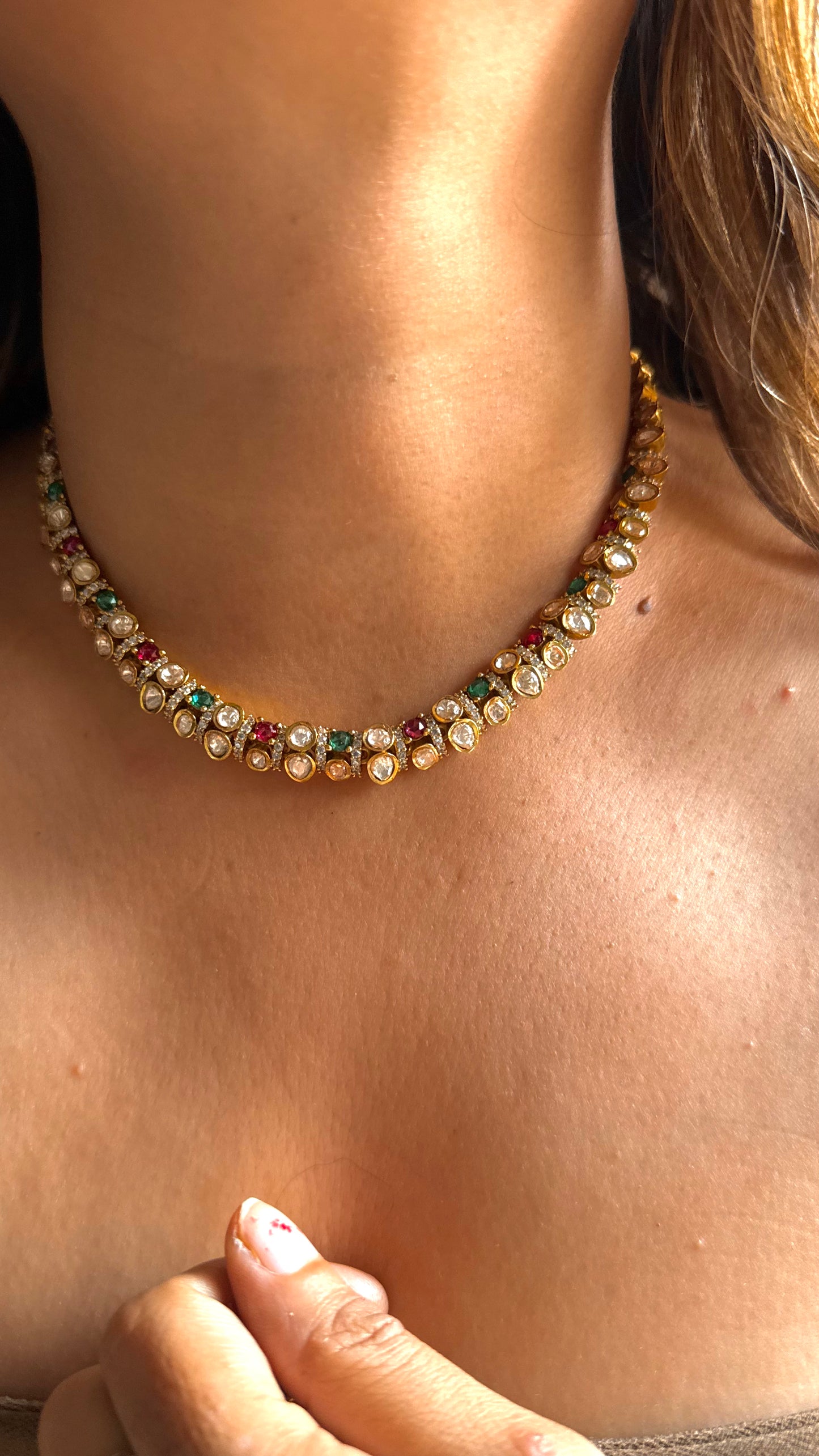 Real moissanite lv shade polki necklace (ruby & emerald)