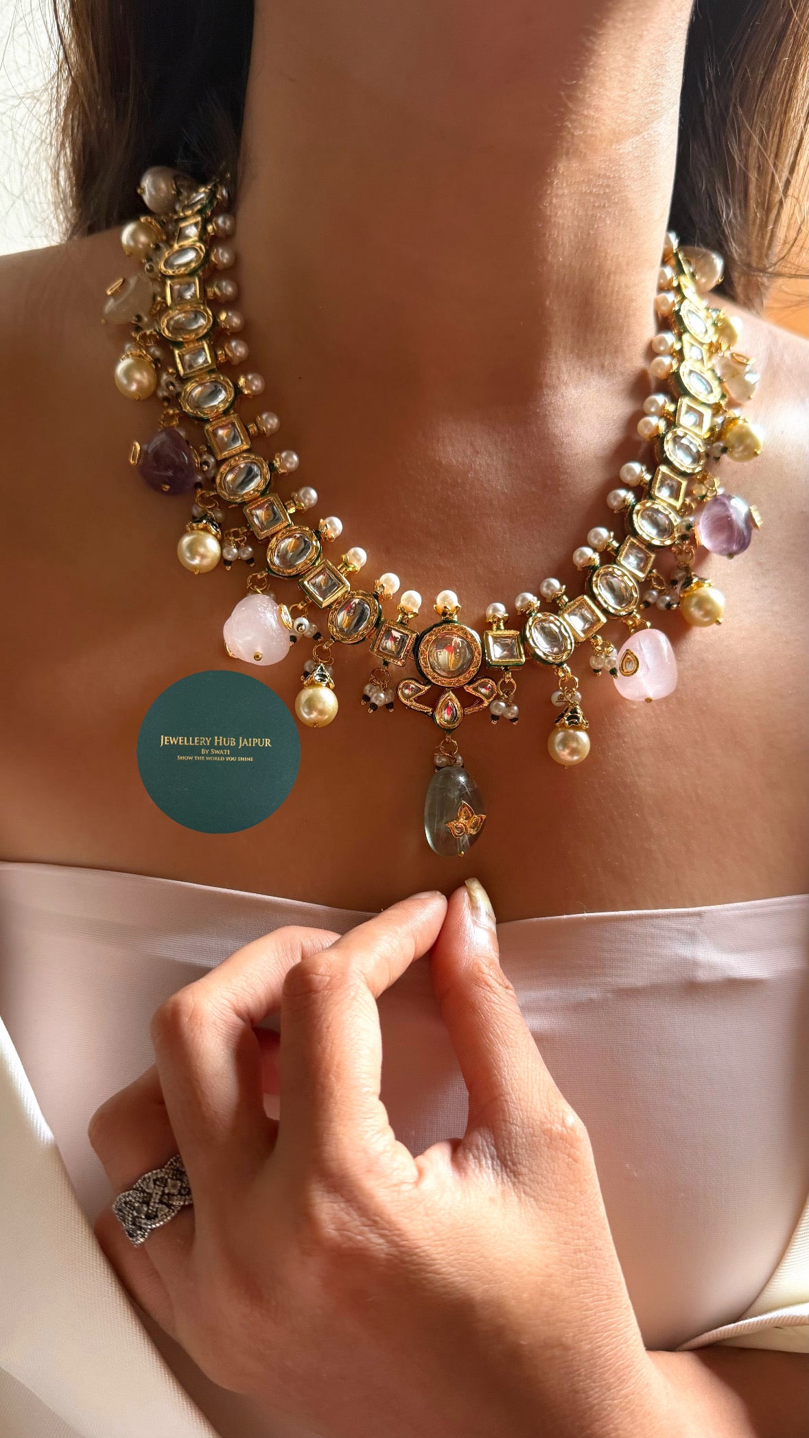 Shades of pink with mint paachi Kundan collar set