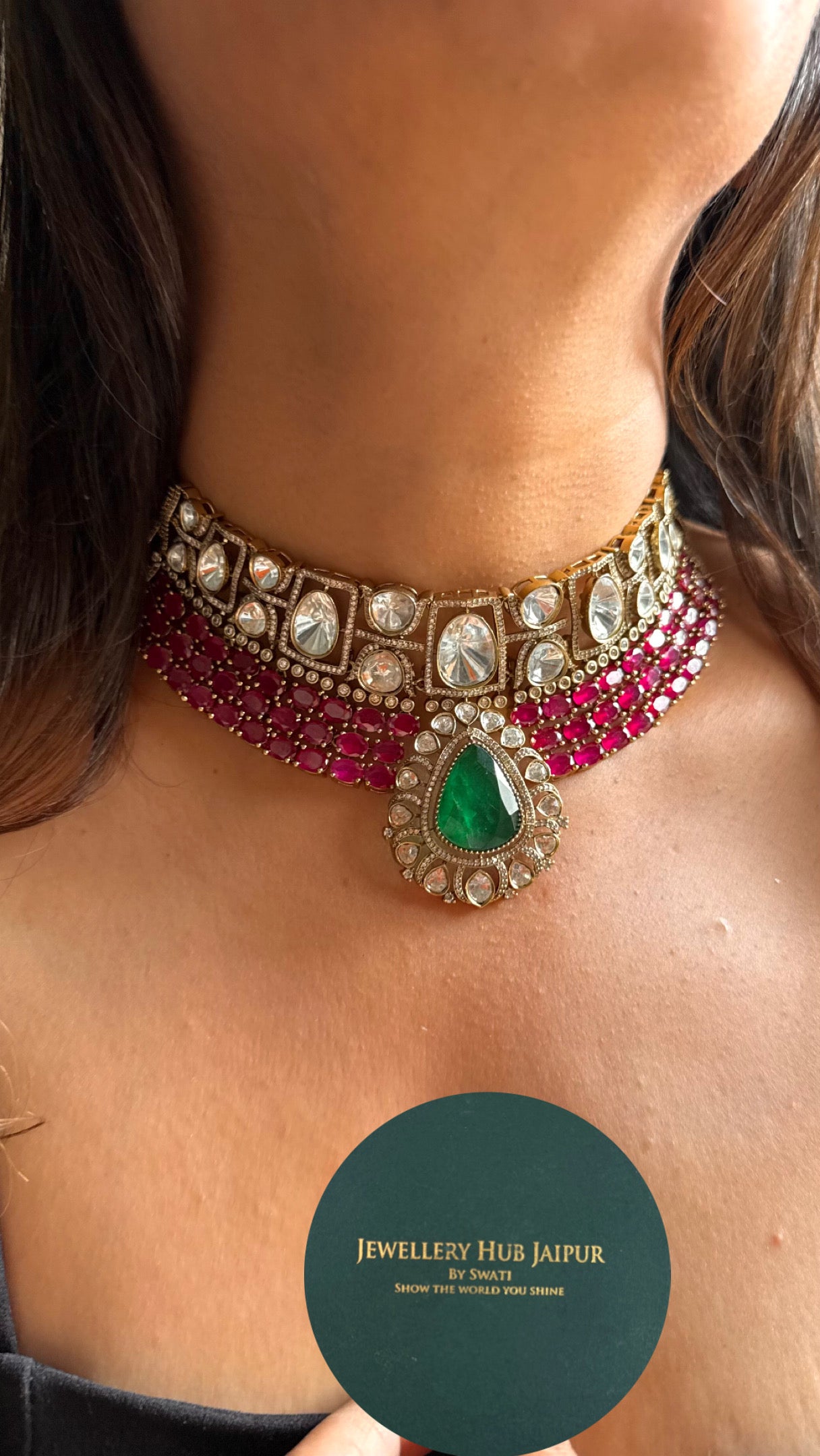 Emerald with Rani pink ruby doublets choker Necklace