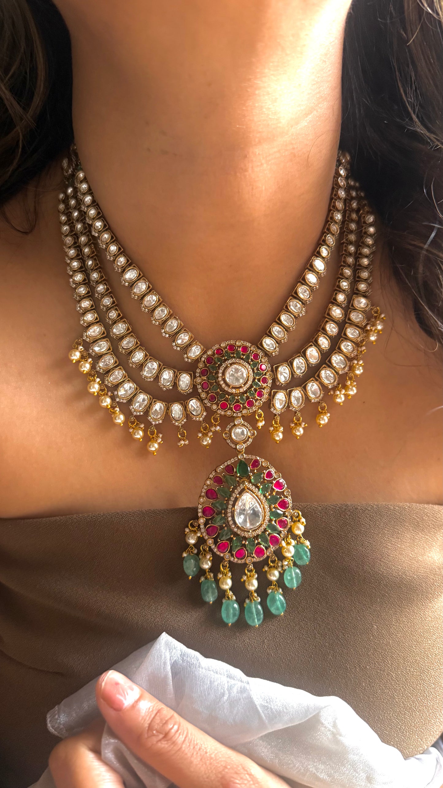 Triple layer uncut victorian Necklace with rani pink & Mint detailing