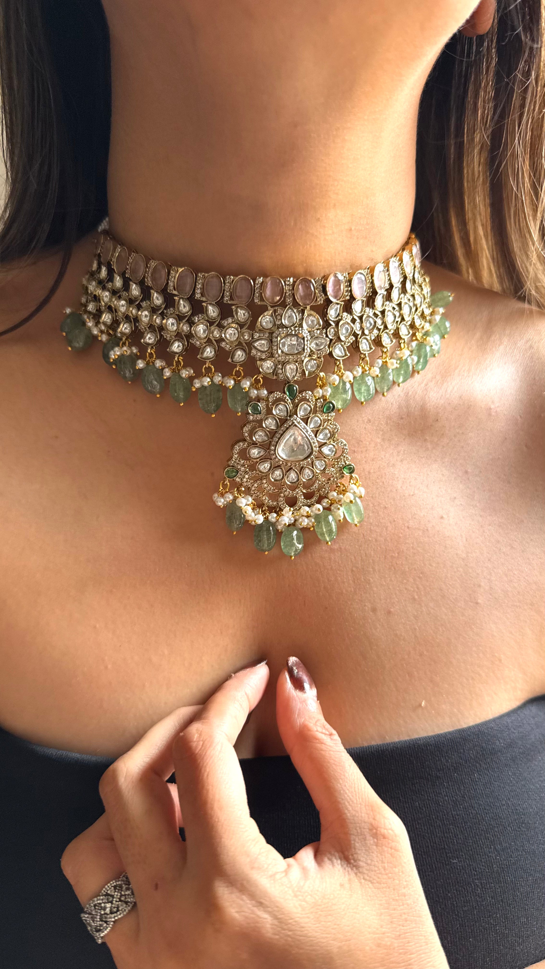 Rose quartz & moissanite polki with mint drops choker