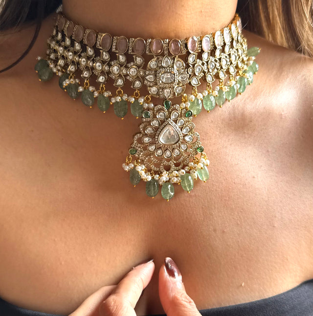 Rose quartz & moissanite polki with mint drops choker
