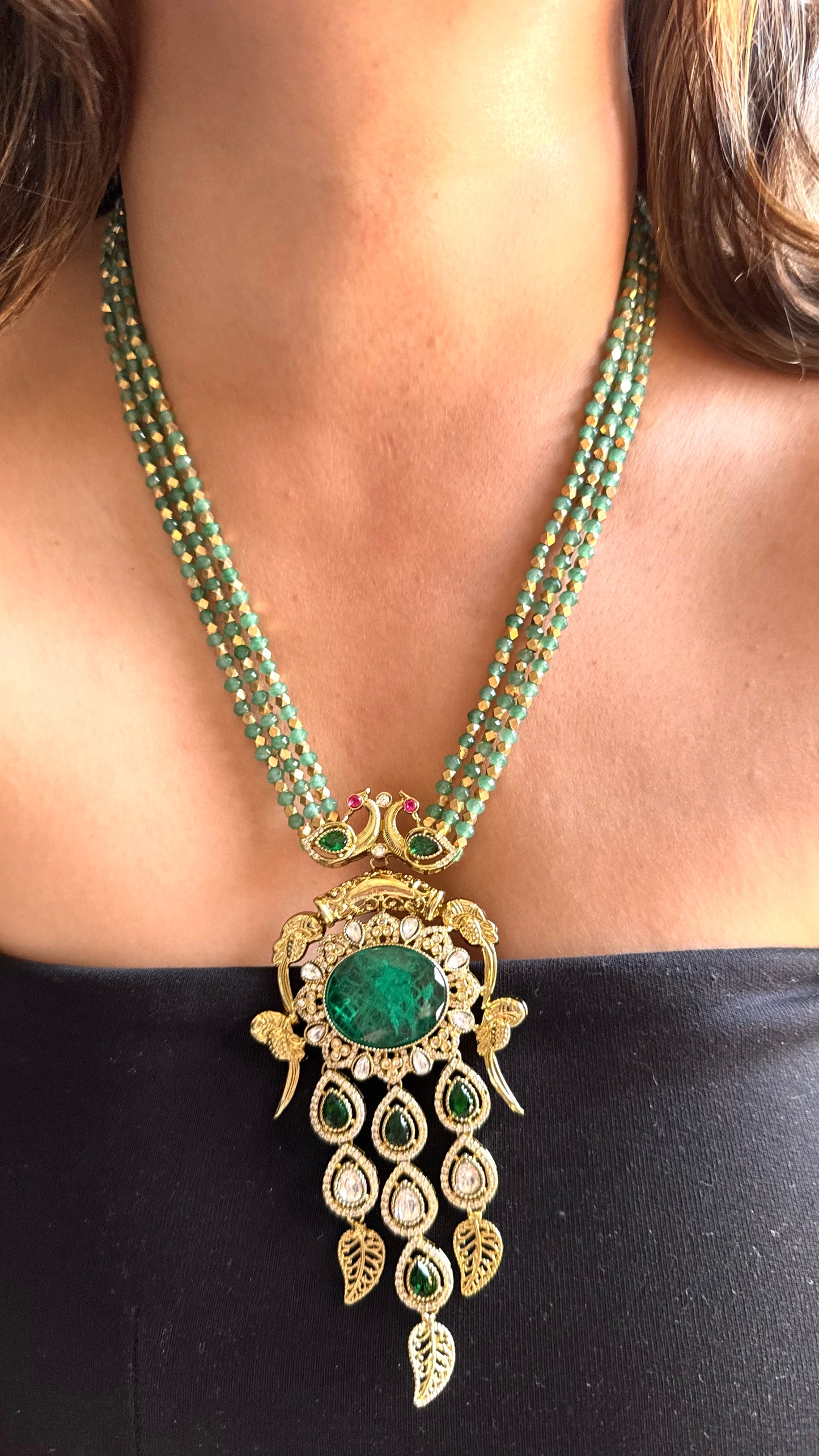 Amrapali inspired emerald peacock long necklace