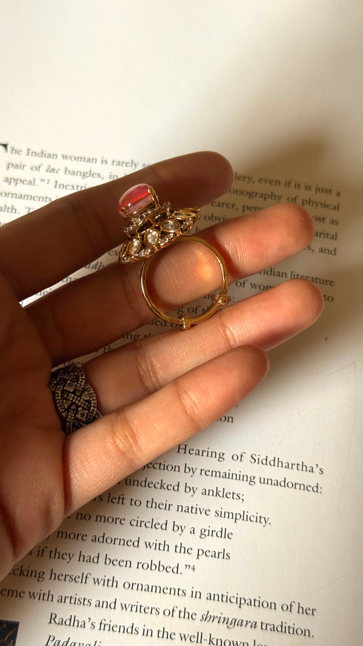 Rose quartz doublet moissanite floral adjustable ring