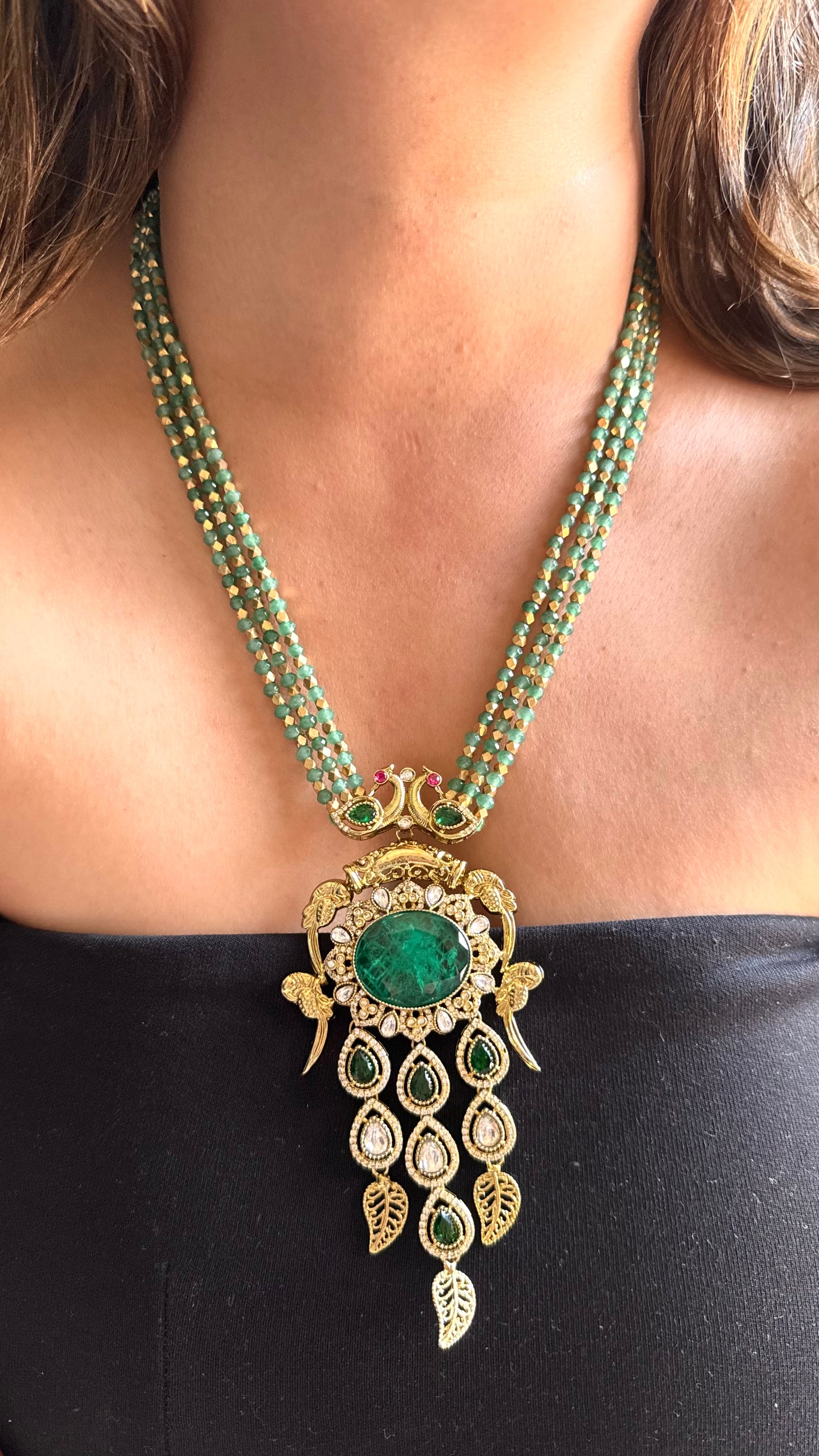 Amrapali inspired emerald peacock long necklace