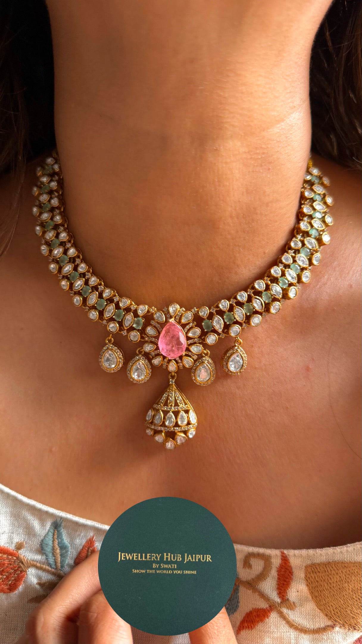 Rose quartz & mint doublets real Moissanite collar necklace