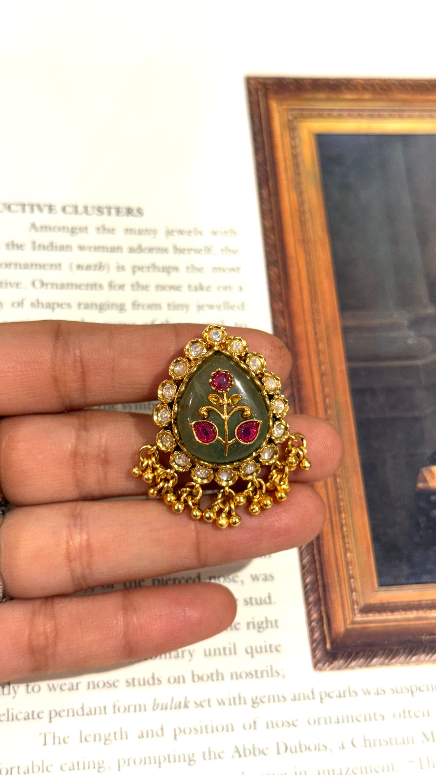 Mint green nakshi detailing inlay ring with gold drop detailing