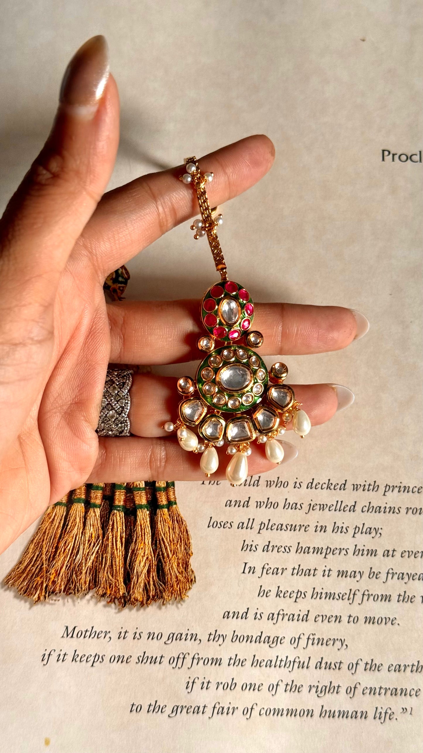 Emerald meenakari & ruby maang tika