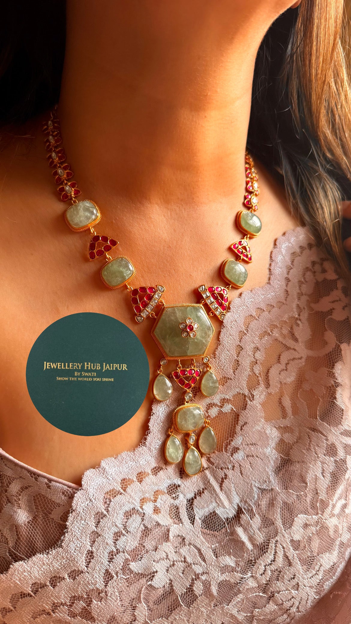 Amrapali inspired Natural stone Mint inlay & rani pink mid length set