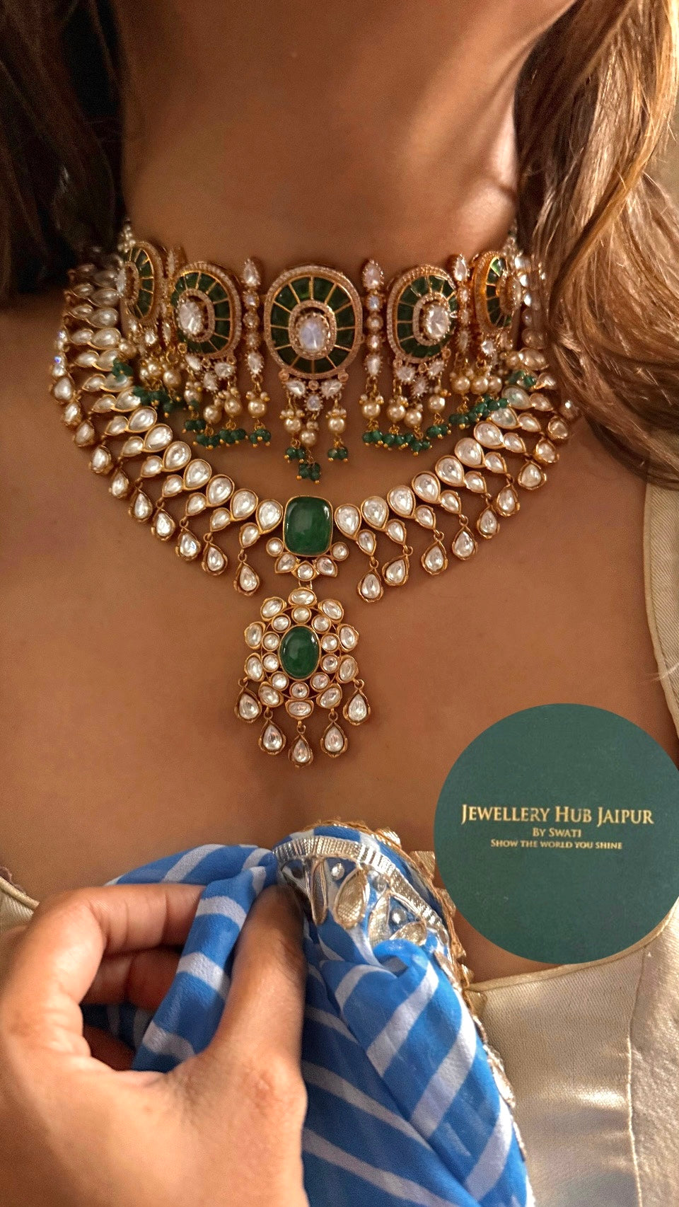 Emerald katdana moissanite polki bridal combo Necklace