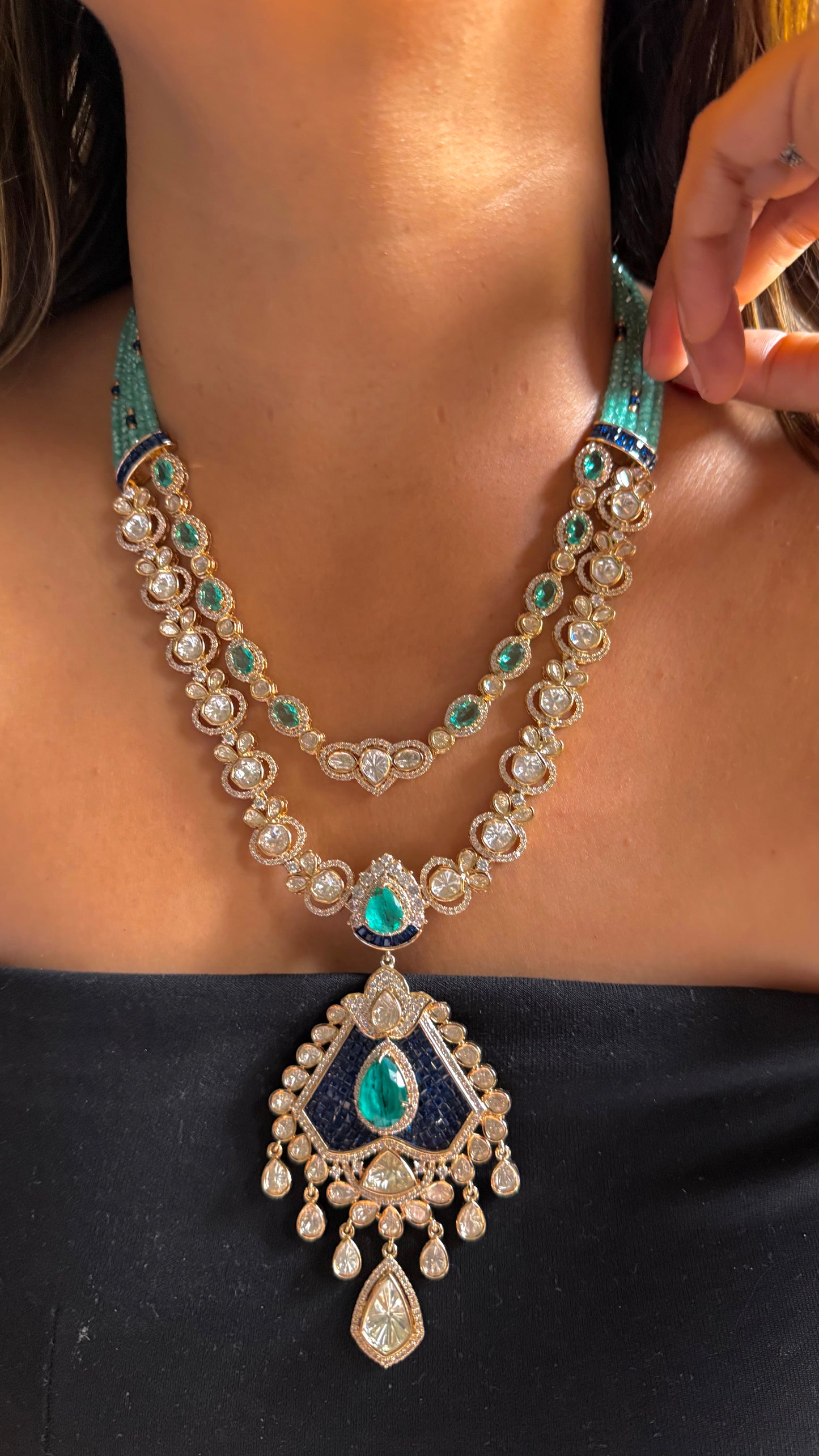 Emerald & sapphire designer necklace combo