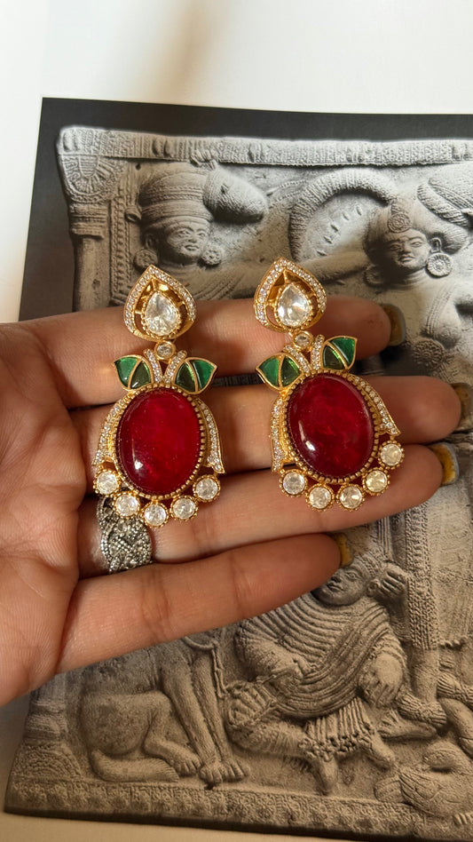 Ruby doublet & emerald leaf design earrings