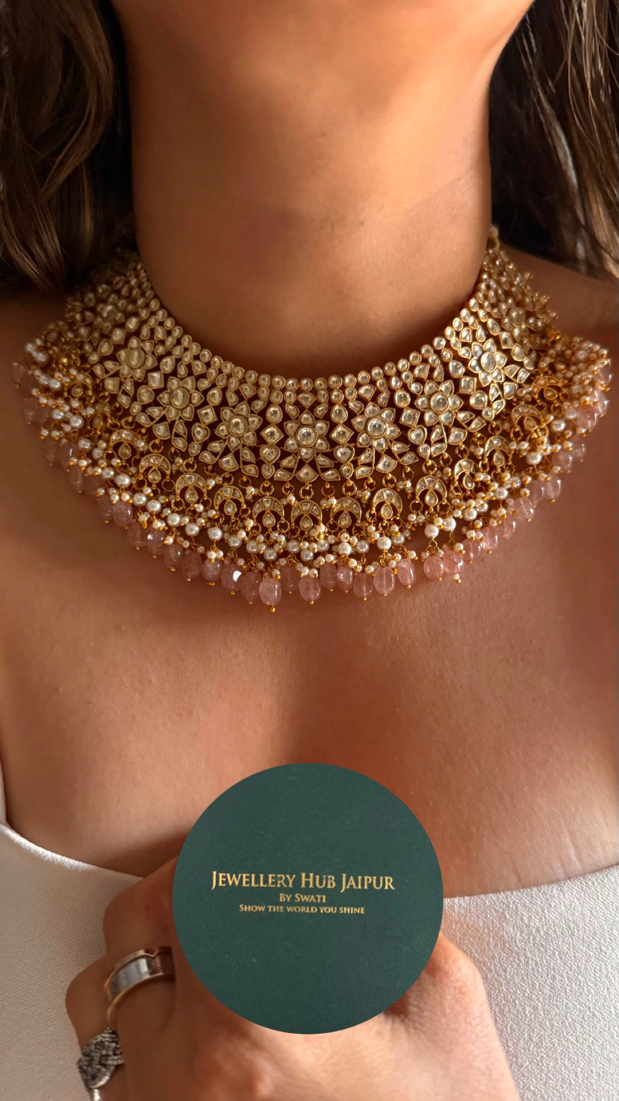 Pachi kundan with rose quartz strawberry detailing Necklace