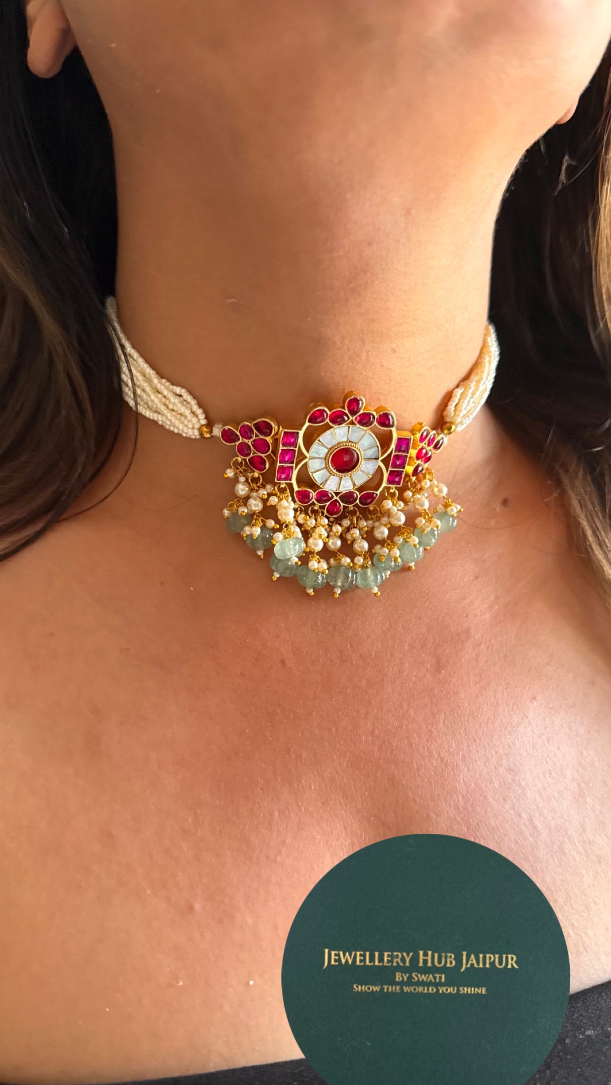 Rani pink ruby & mother of pearl thread choker Necklace