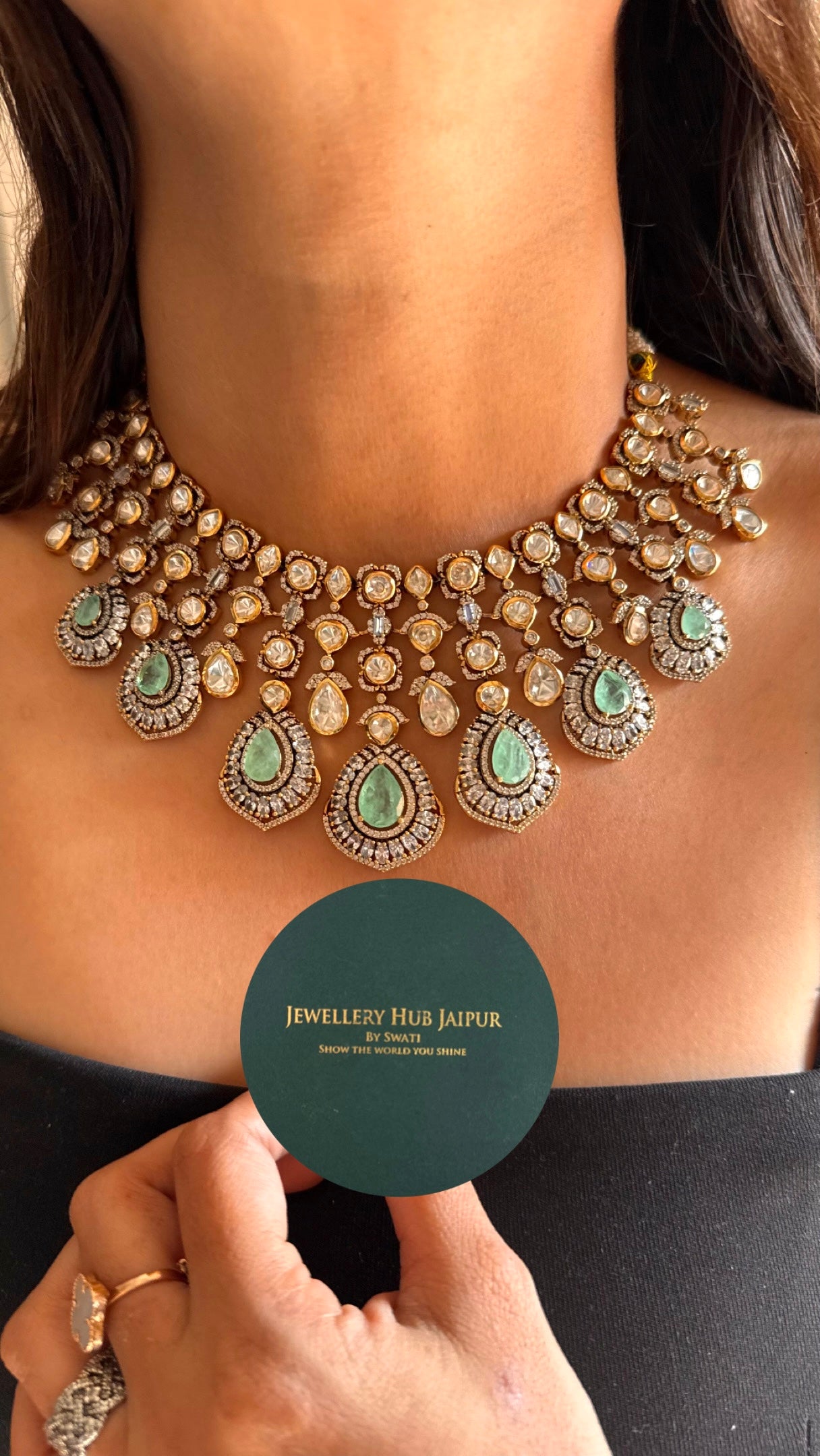 mint moissanite peeli  polki necklace