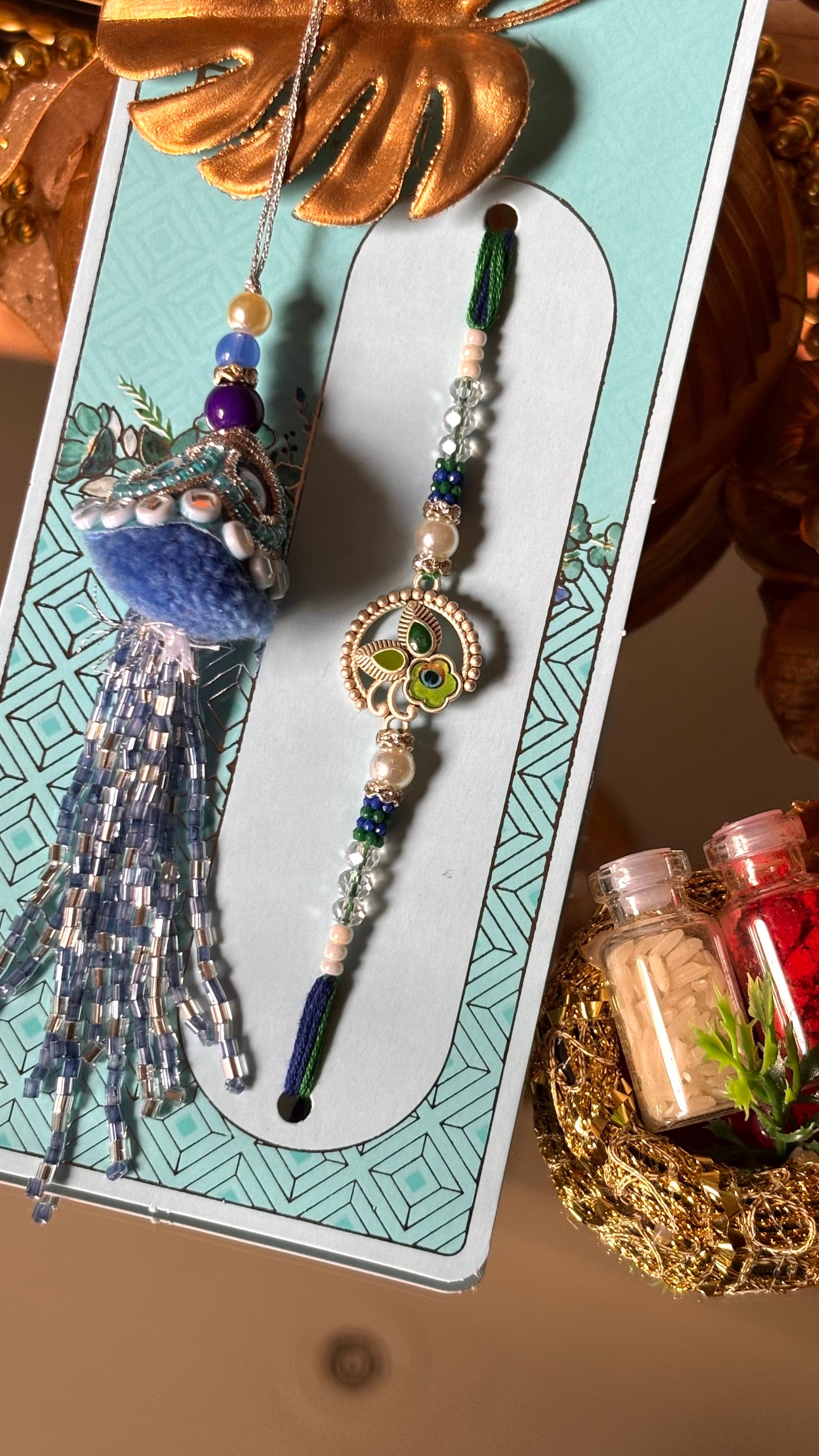 Evil eye lumba with morpankh couple rakhi Rakhi ( shipping will be extra )