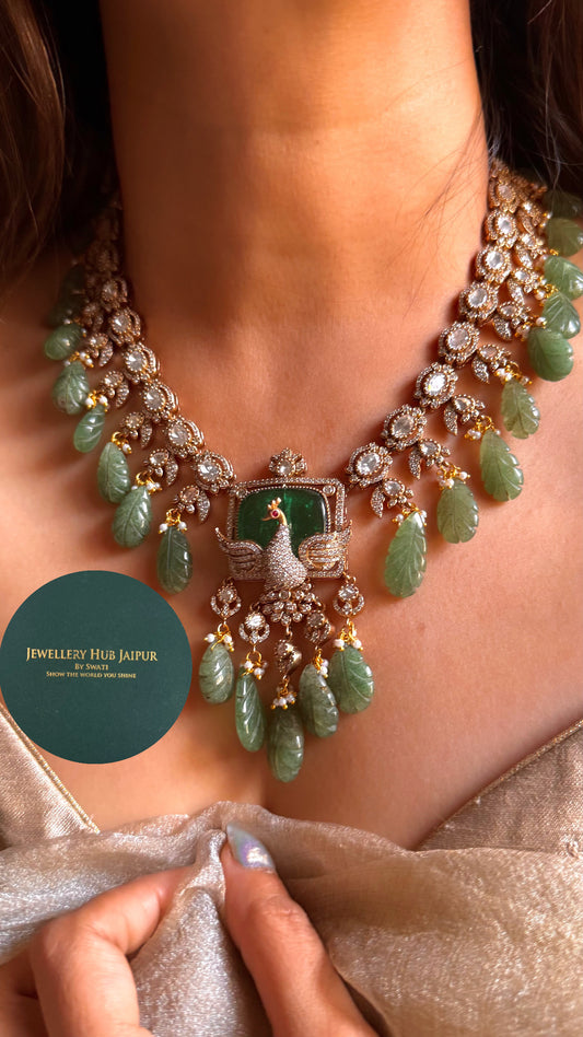 Emerald peacock with feather inlay moissanite collar necklace