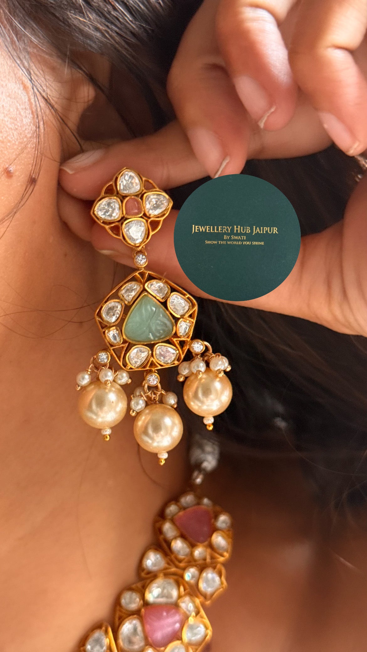 Mint & rose quartz doublet moissanite with pearl collar set