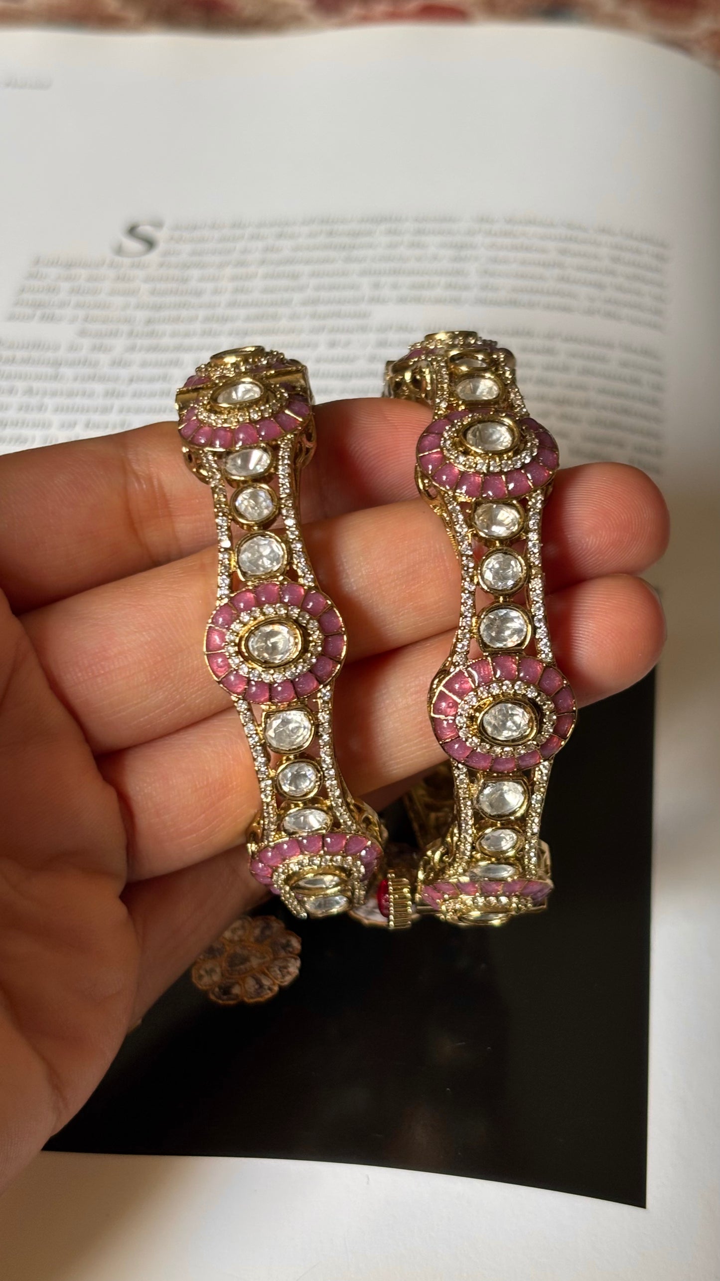 Rose quartz katdana with moissanite polki openable bangles
