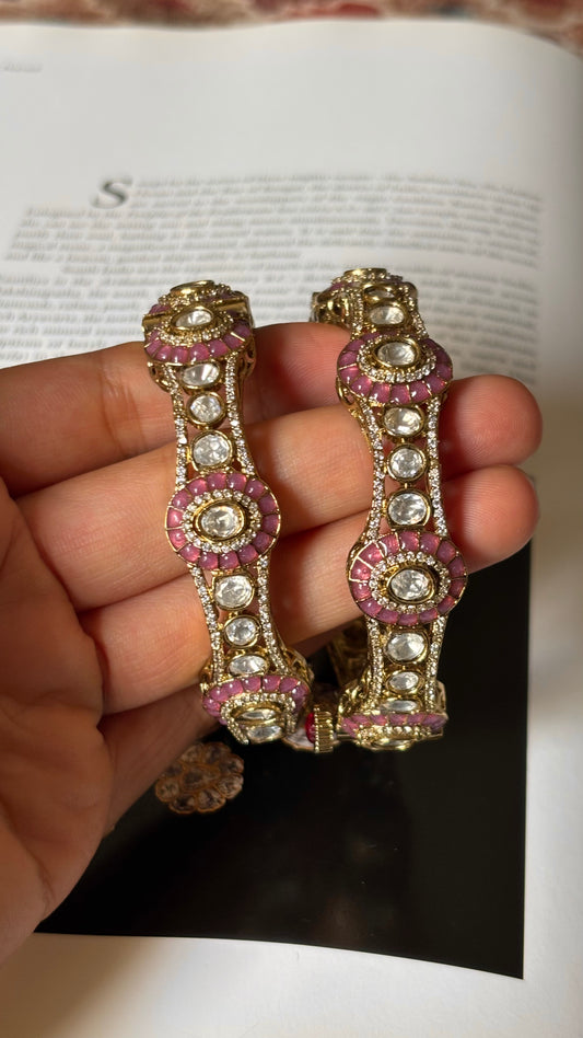 Rose quartz katdana with moissanite polki openable bangles