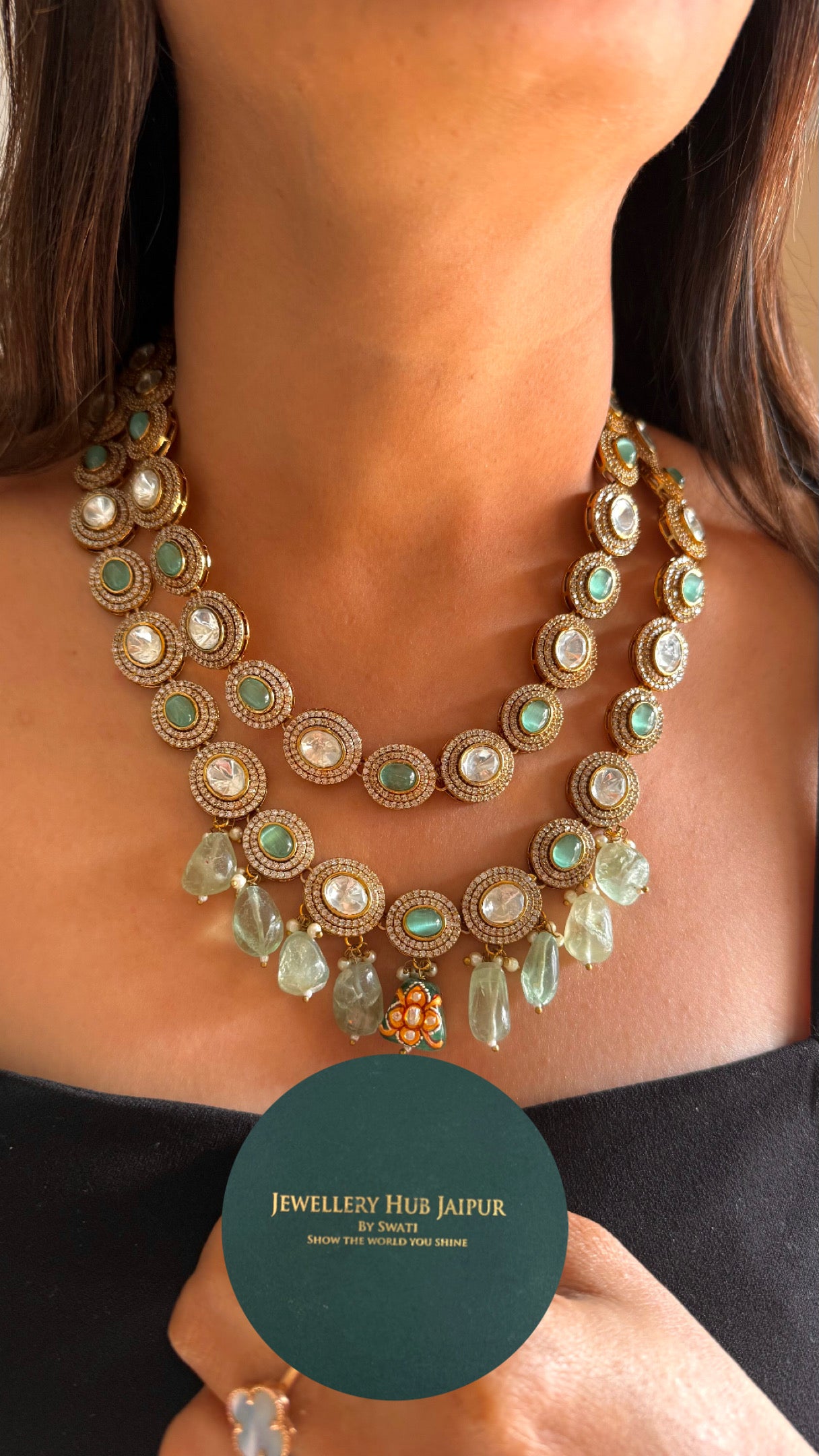 Mint uncut polki dual line necklace