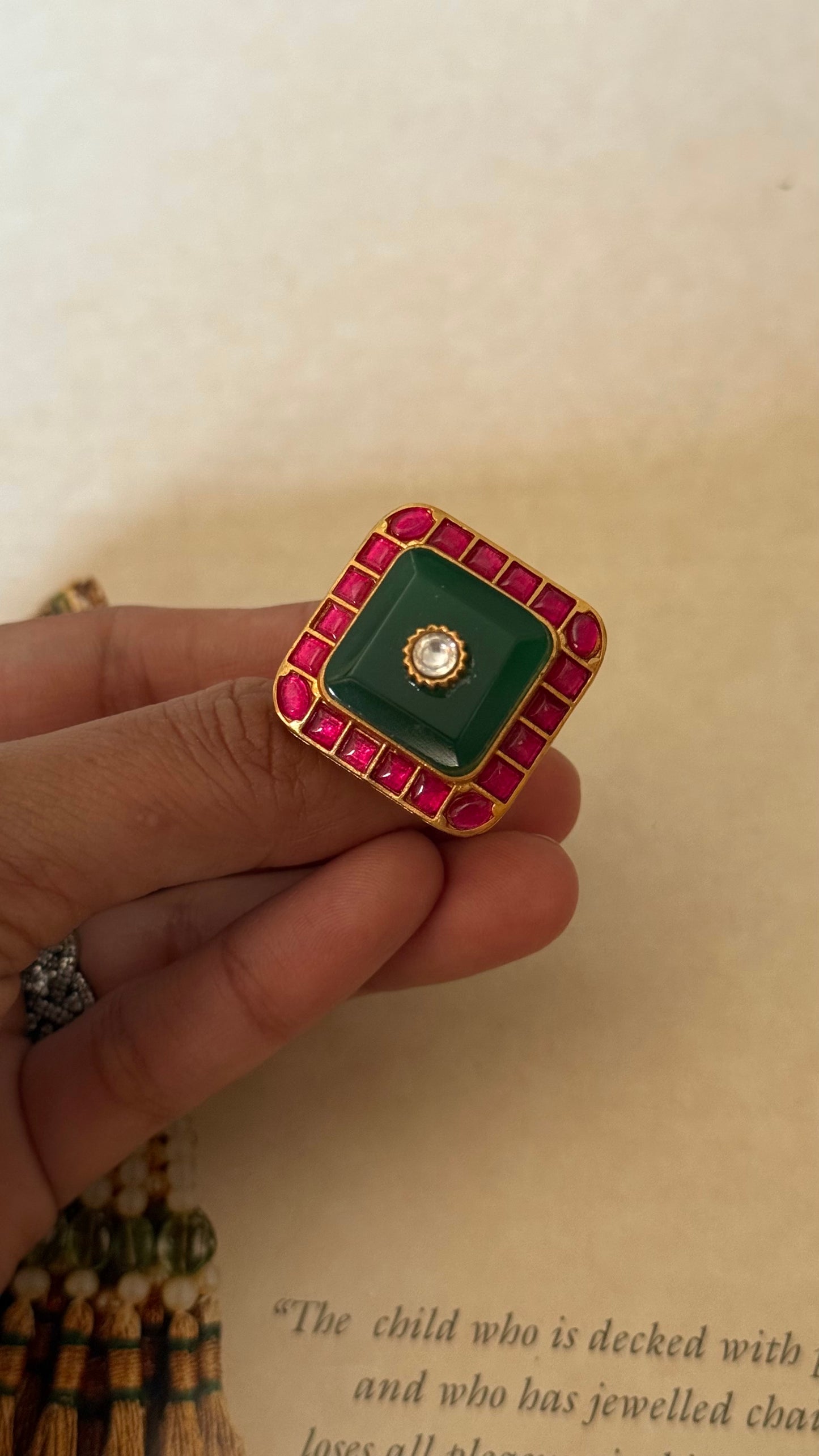 Emerald inlay & rani pink katdana adjustable ring