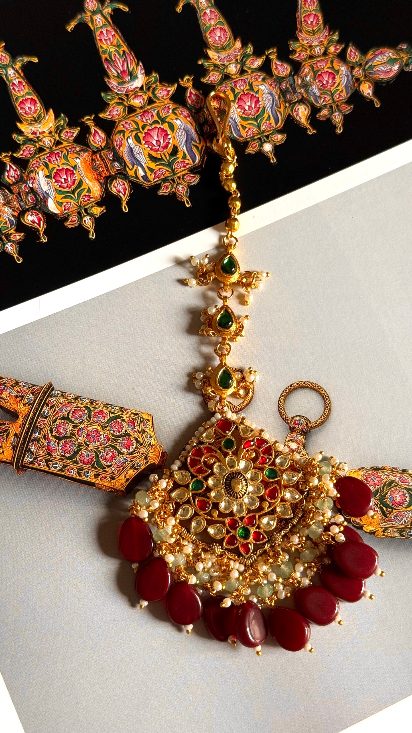 Paachi Ruby & emerald with ruby drops rajwada maangtika & earrings