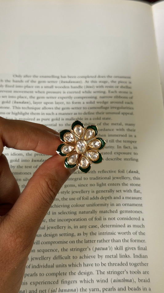 Emerald meenakari moissanite floral adjustable ring
