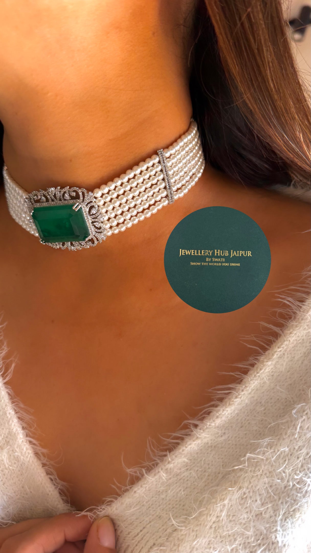 Emerald pearl cz diamond choker set