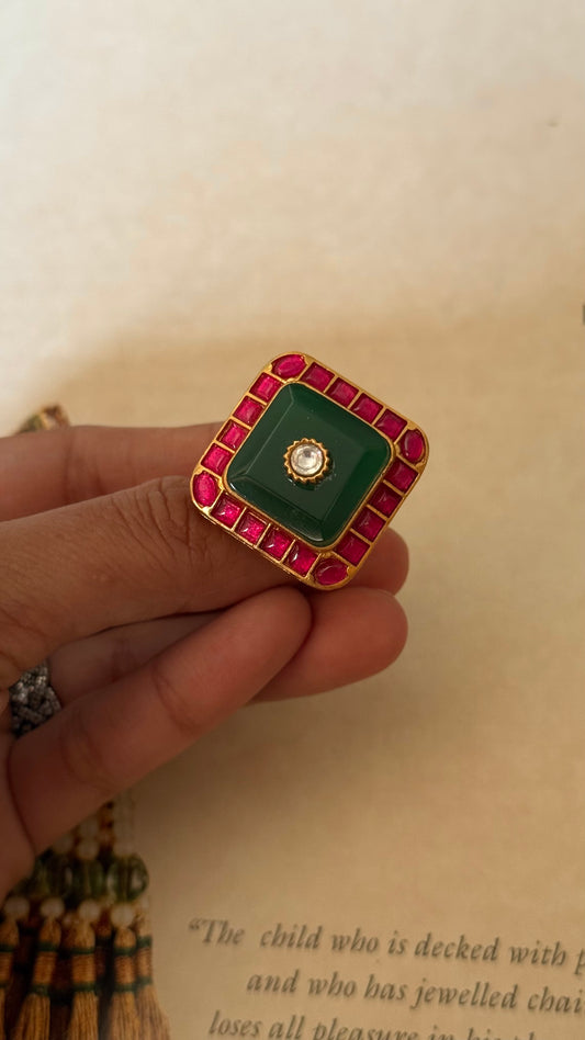 Emerald inlay & rani pink katdana adjustable ring