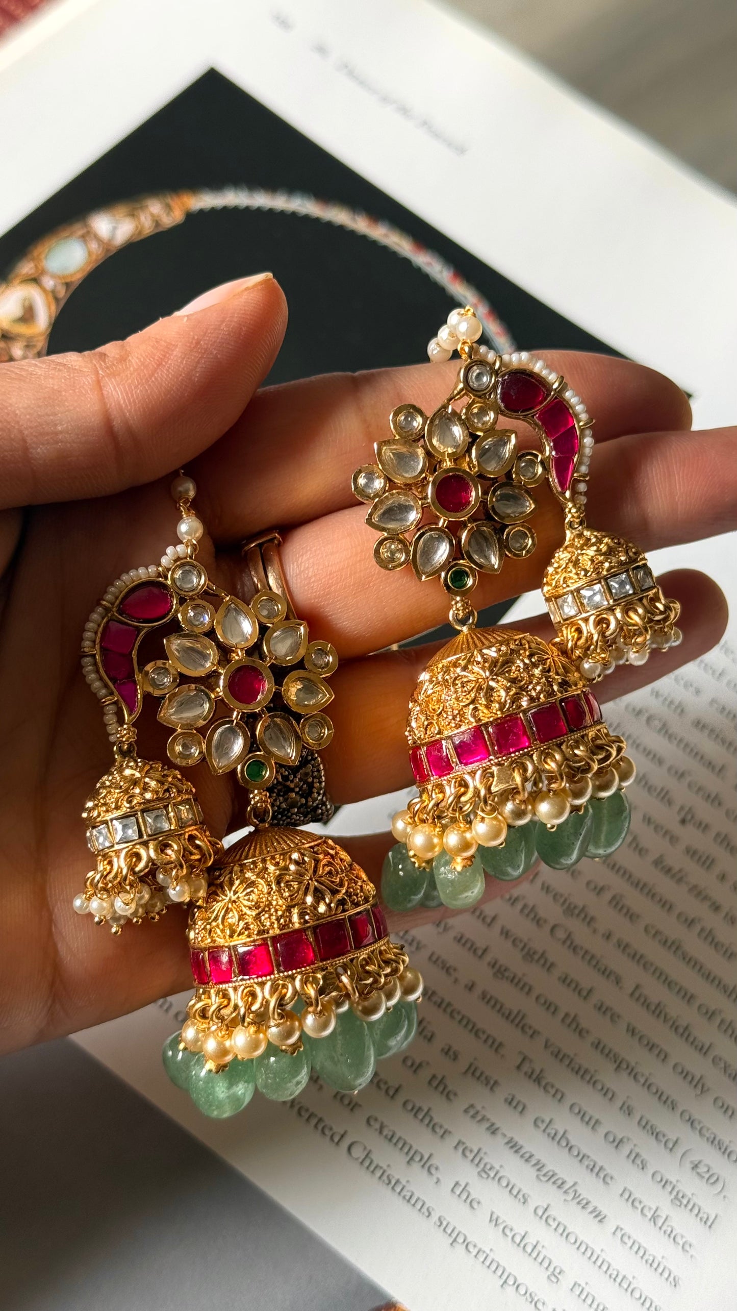 Ruby & mint rajwada jhumki with ear chain