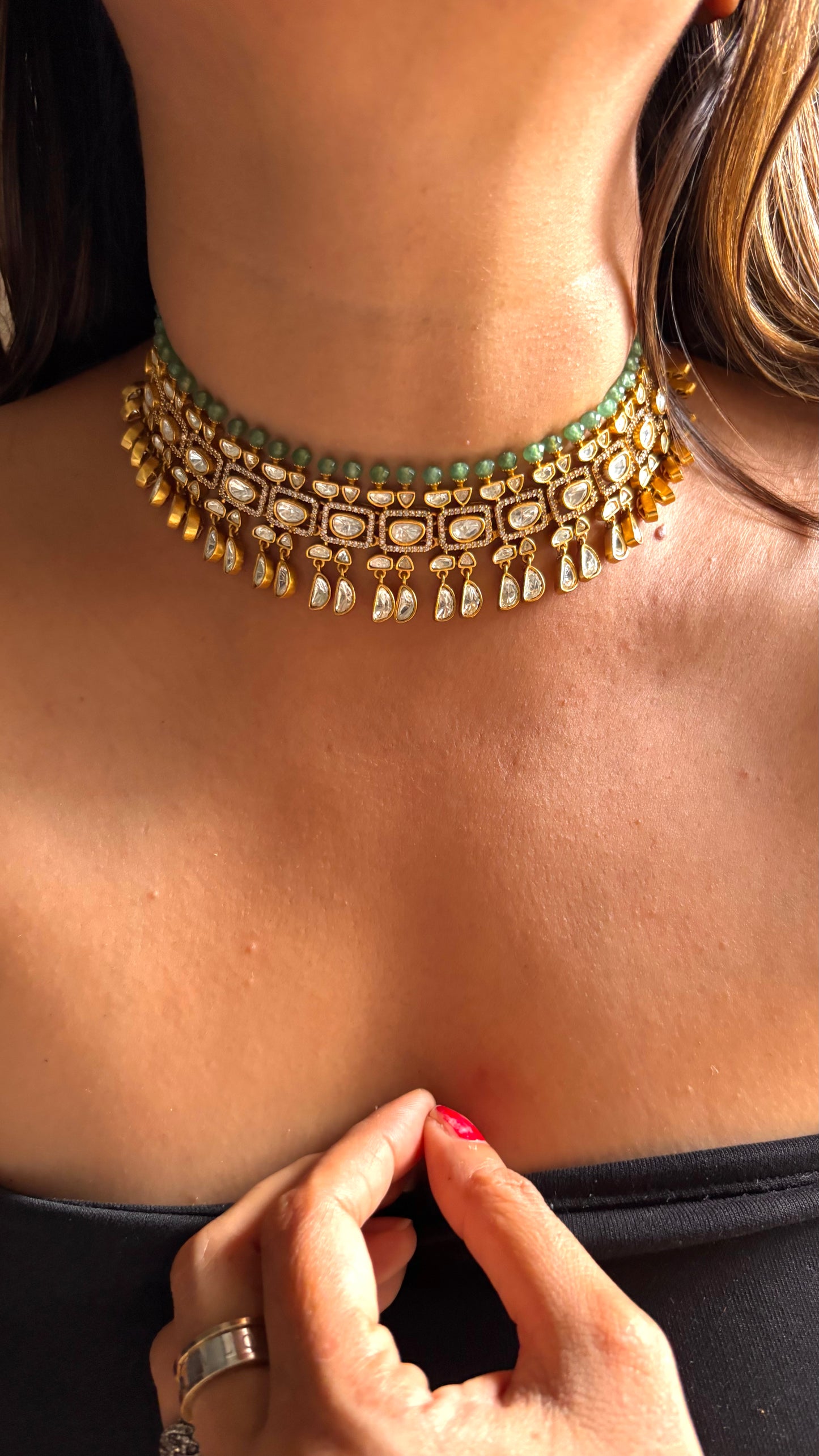 Emerald polki choker with polki drops