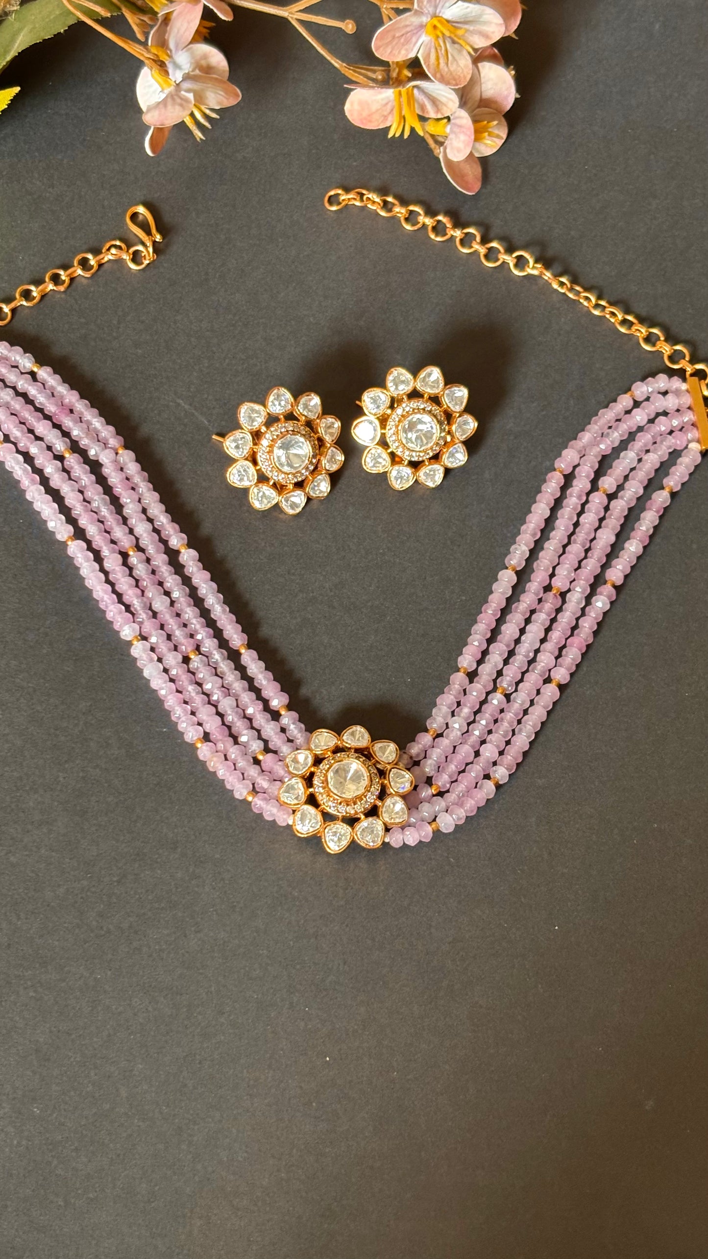 Real Moissanite floral polki Lilac pearl detailing choker necklace