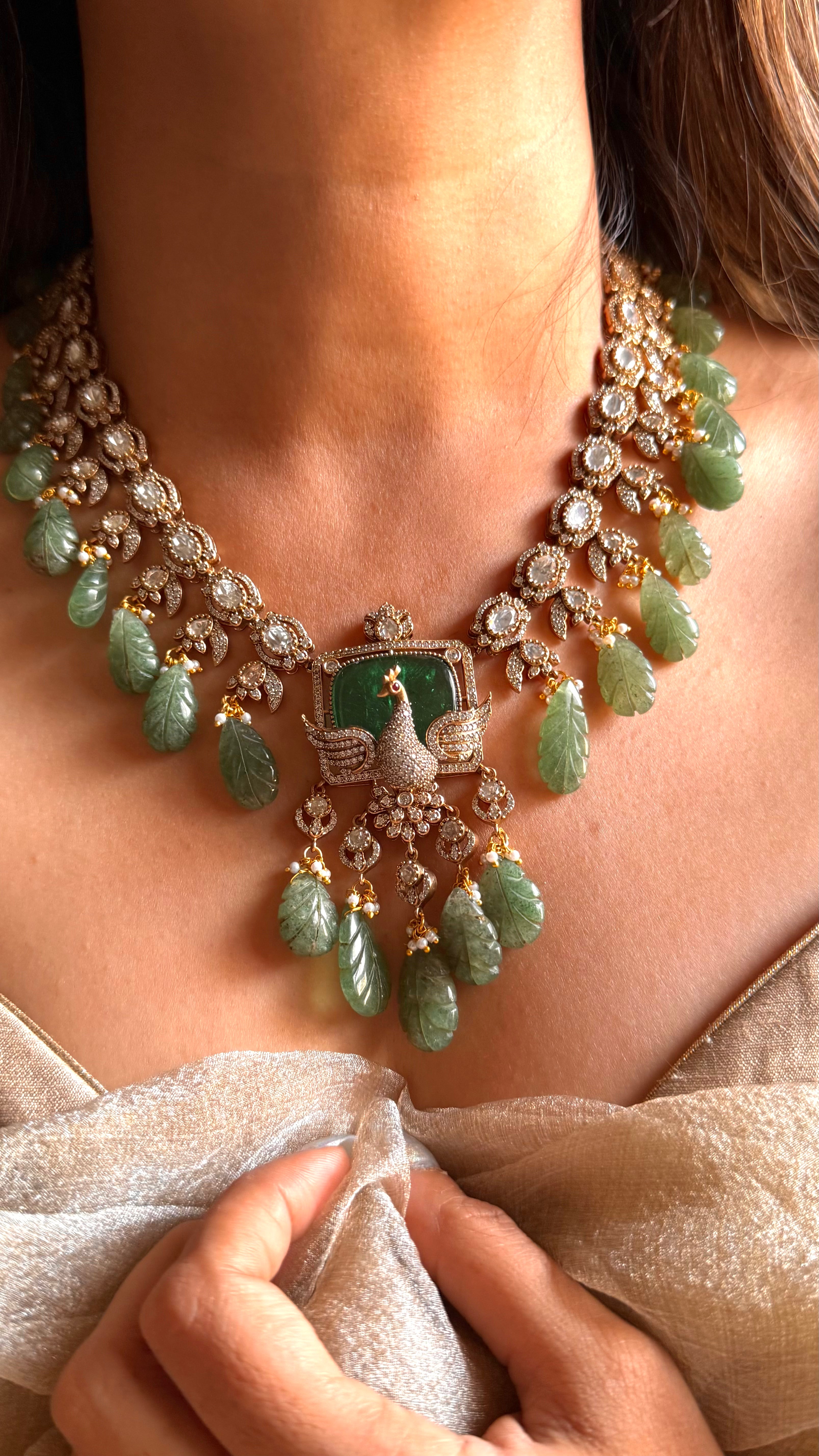 Emerald peacock with feather inlay moissanite collar necklace
