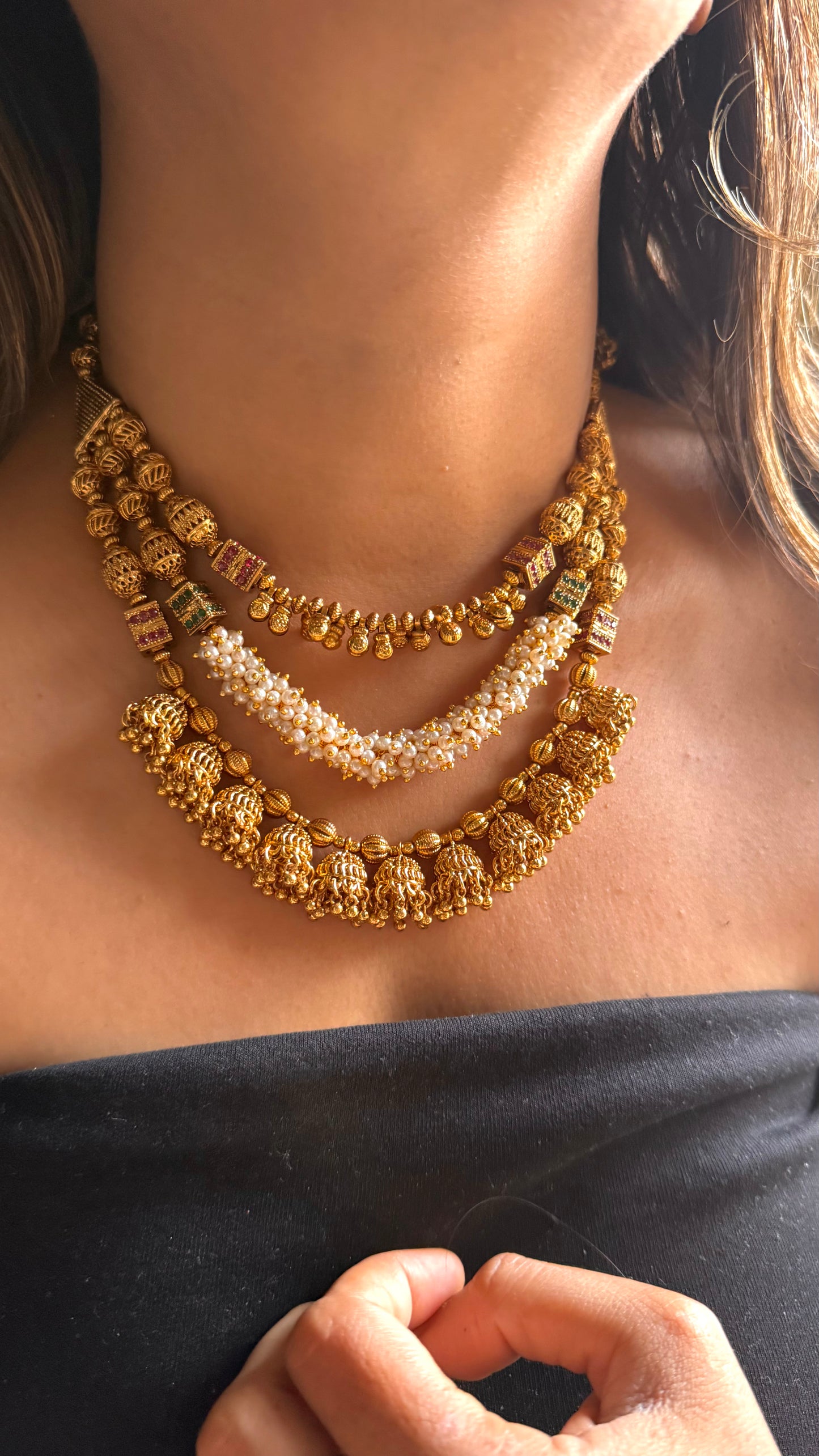 Triple line Rajwada necklace with Gajra and jhumki detailing