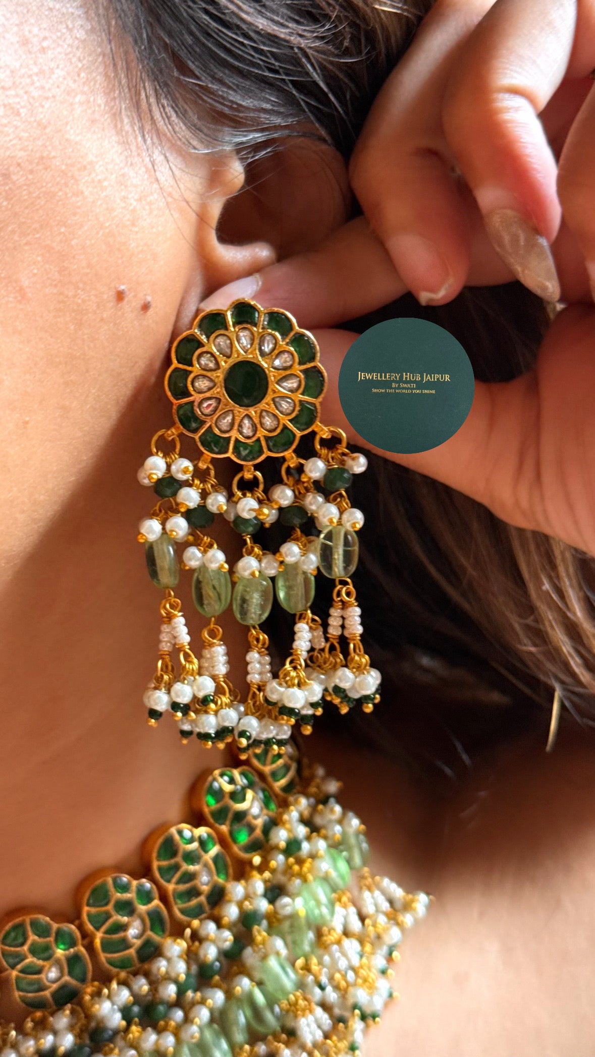 Emerald floral Kundan with mint & pearl drops heritage choker set