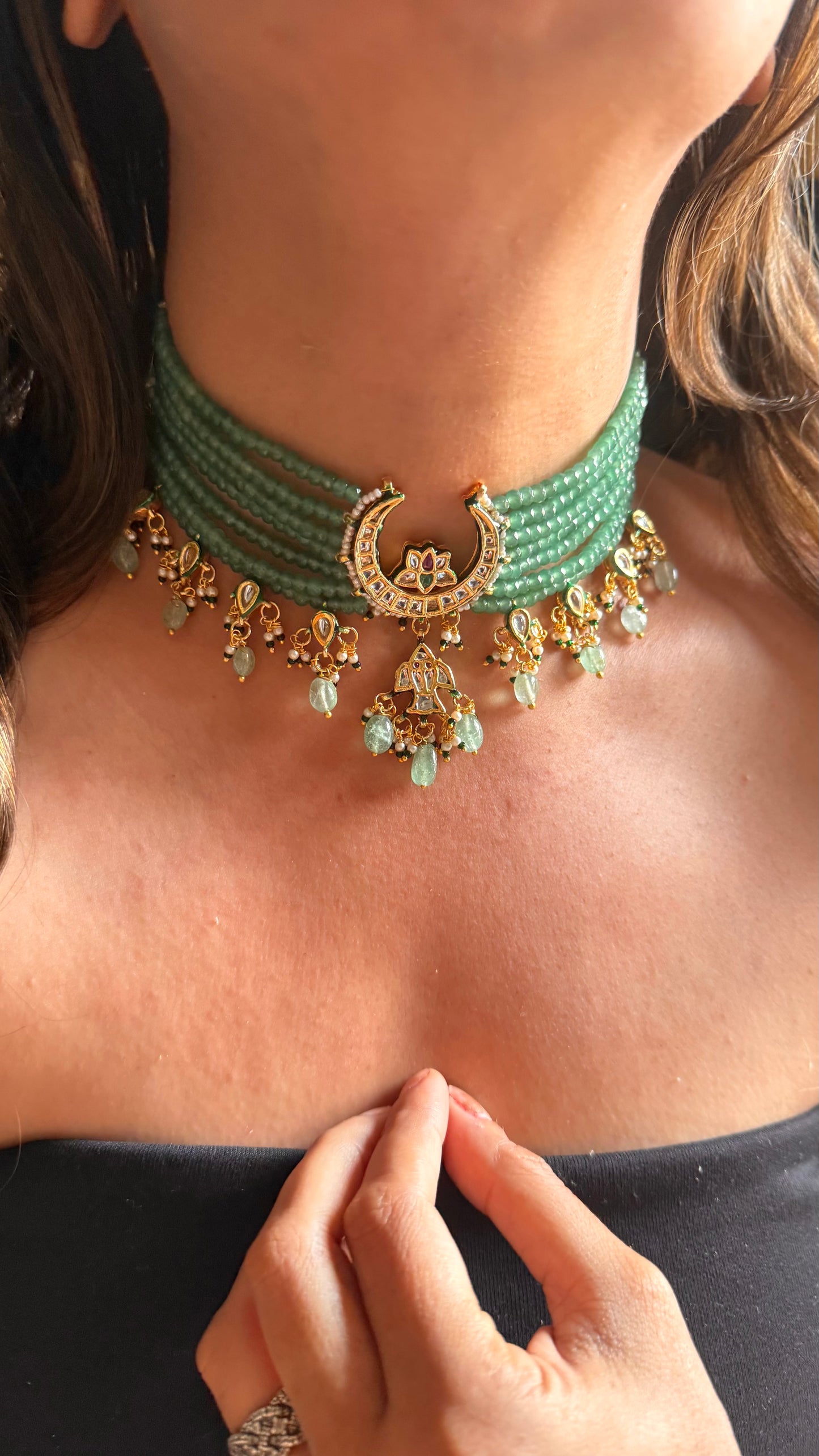 Half moon Meenakari work mint drops choker Necklace
