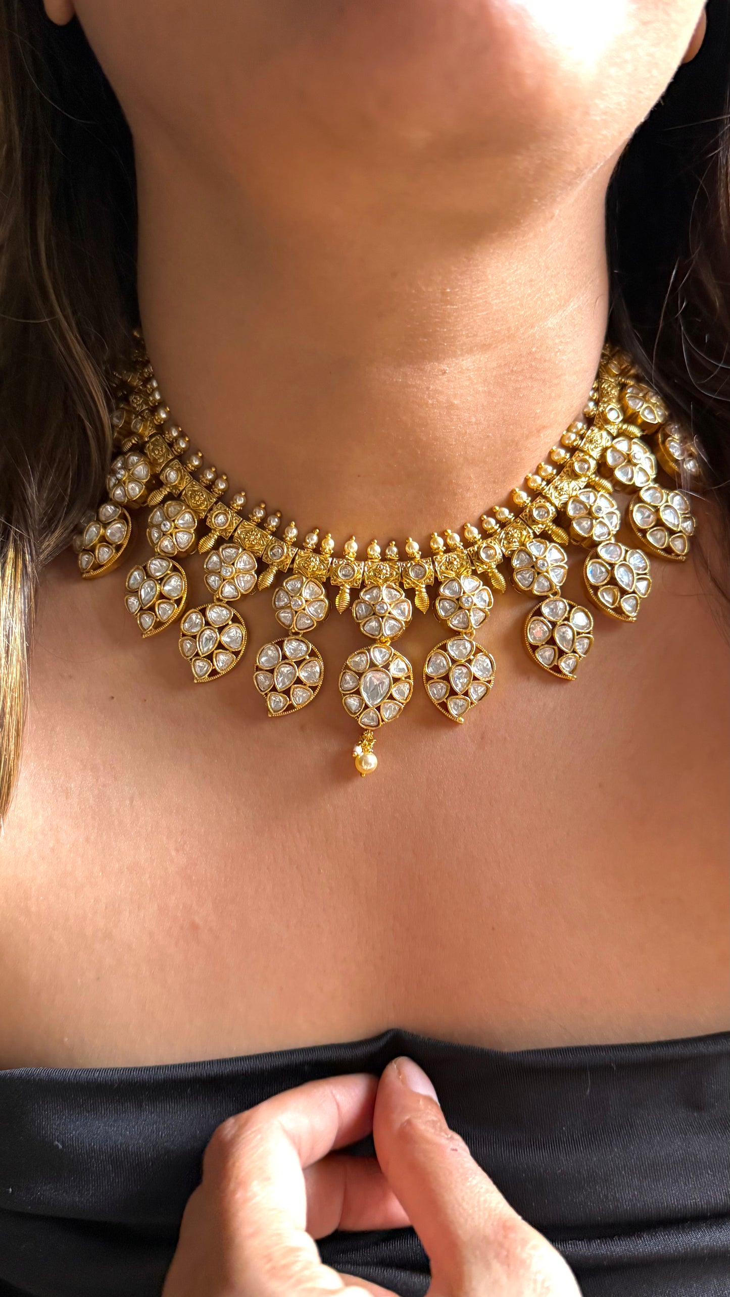 Heritage Floral polki necklace with pearl detailing