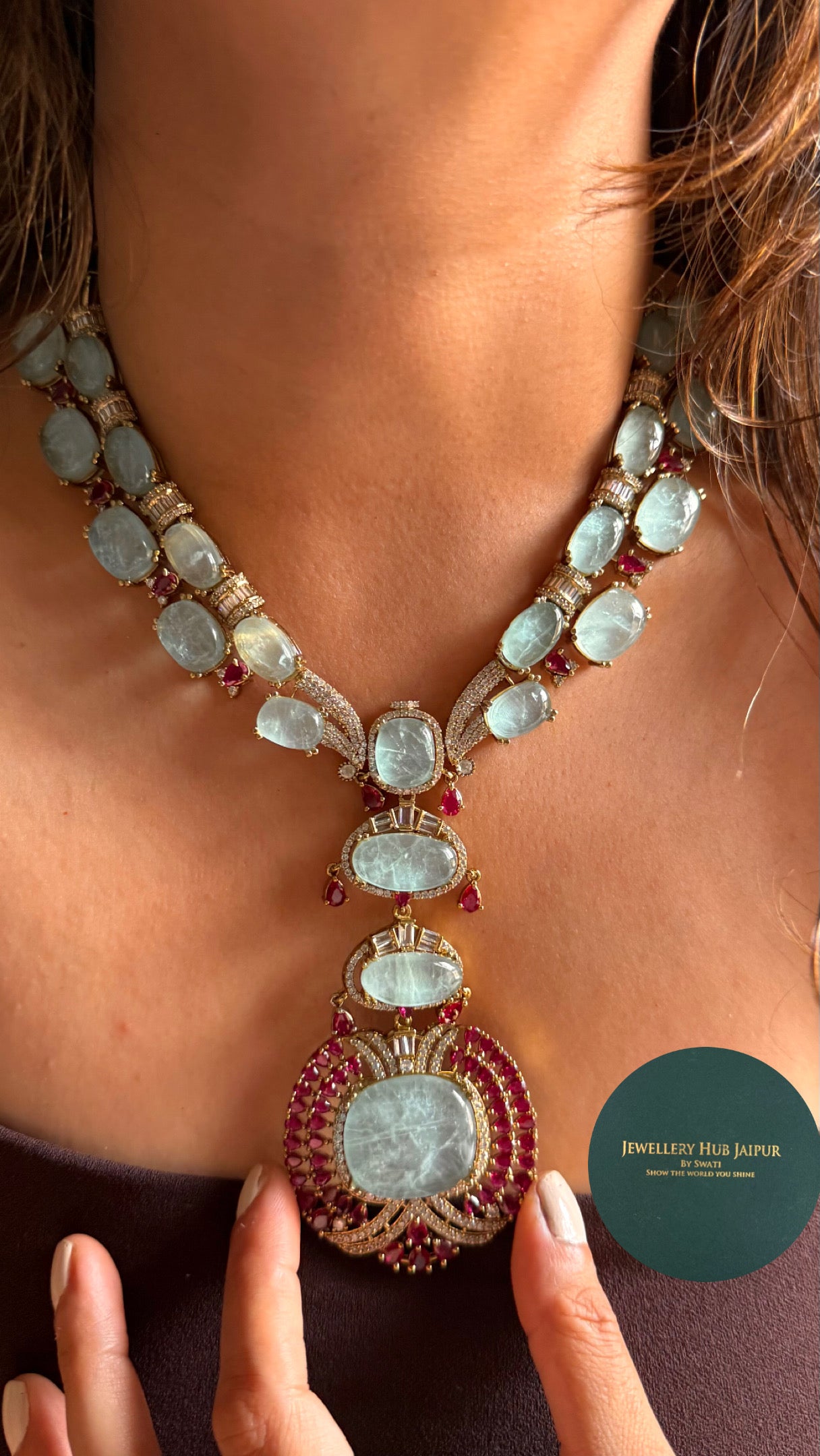 Ruby & Aquamarine doublets stones collar Necklace