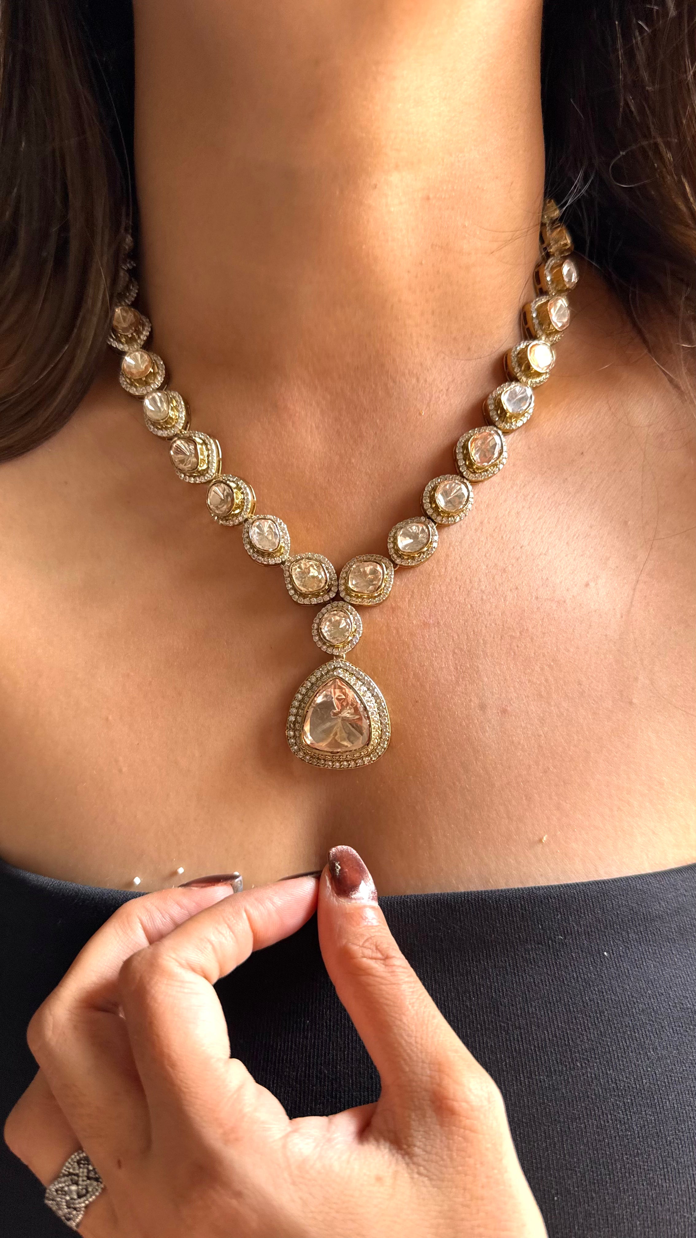 Moissanite uncut polki single line collar necklace