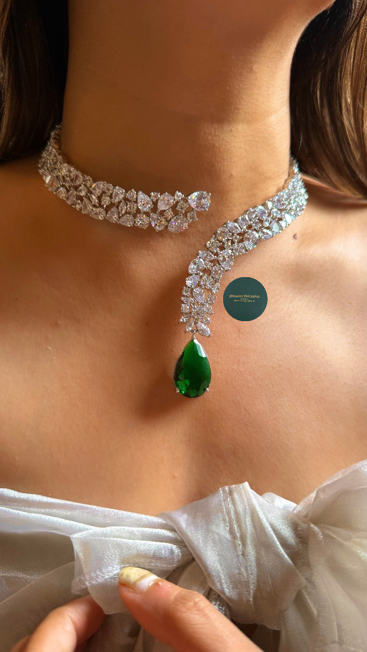 Ojasvi cz diamond cocktail choker set with emerald drops