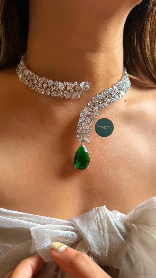 Ojasvi cz diamond cocktail choker set with emerald drops