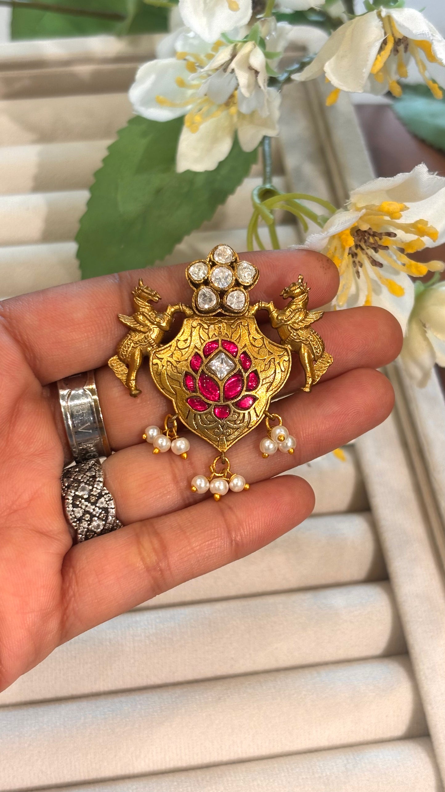 Rani pink lotus kundan gold brooch
