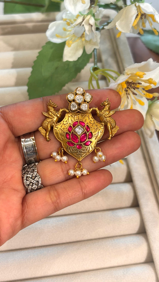 Rani pink lotus kundan gold brooch
