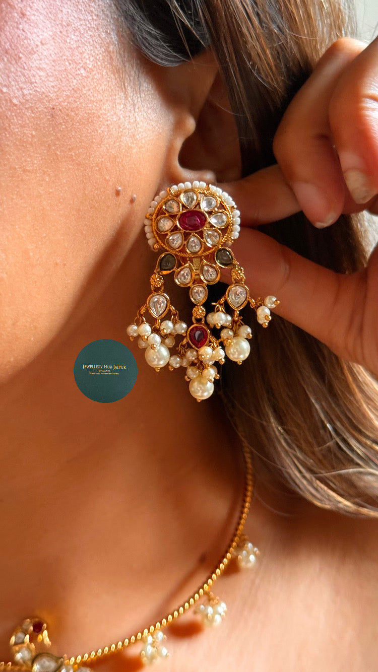 Ruby moissanite floral peacock design hasli with pearl drops