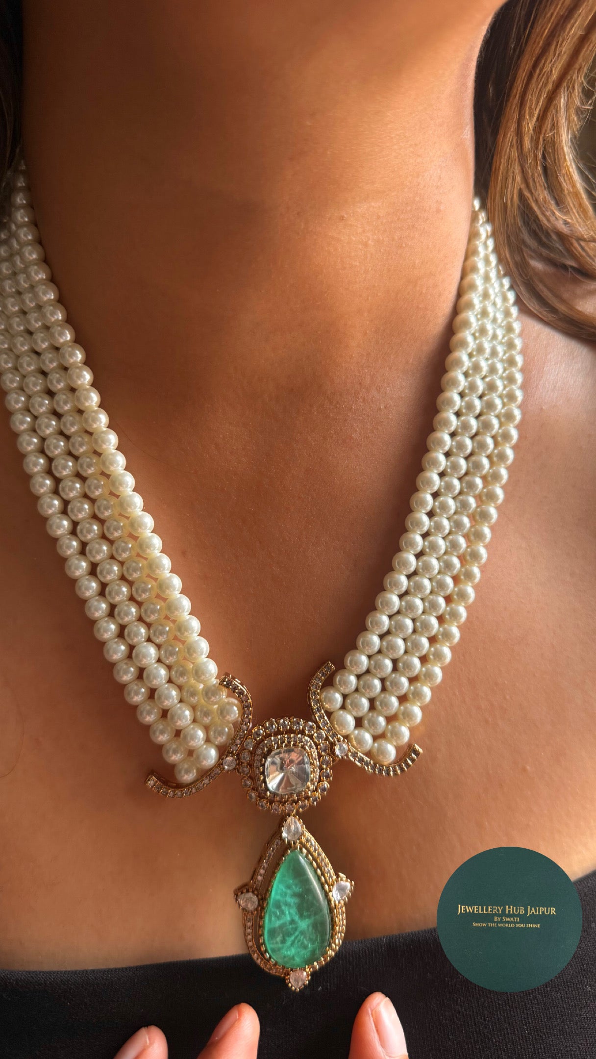 Mint doublet pendant with pearl detailing necklace