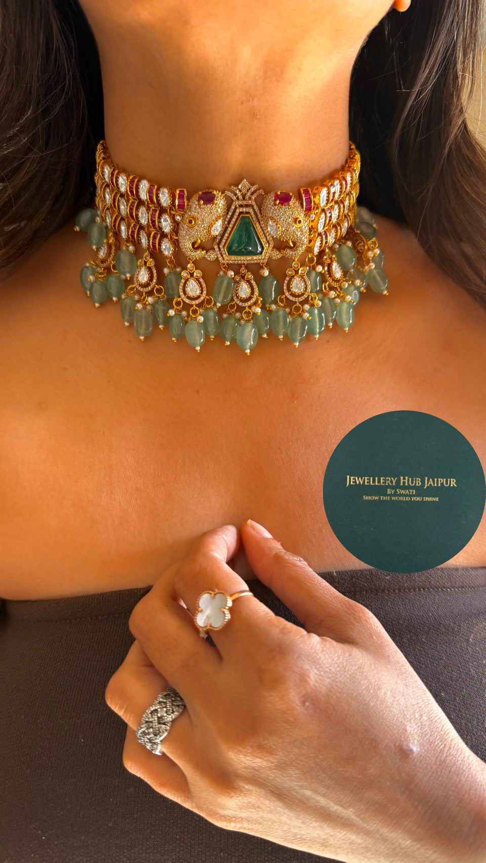 Gajanand emerald doublet and rani pink choker