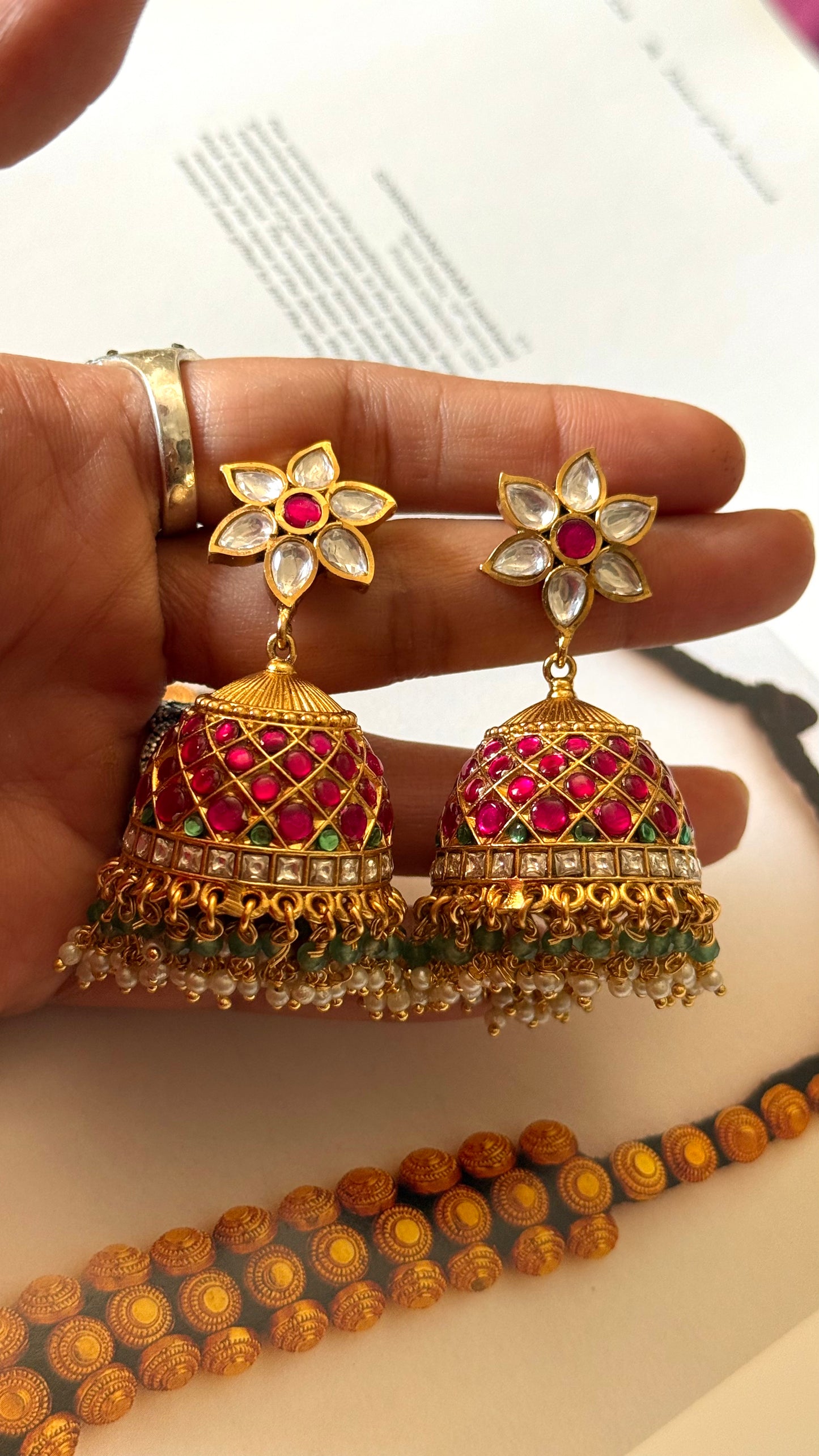 Rani pink ruby Paachi Kundan jhumki